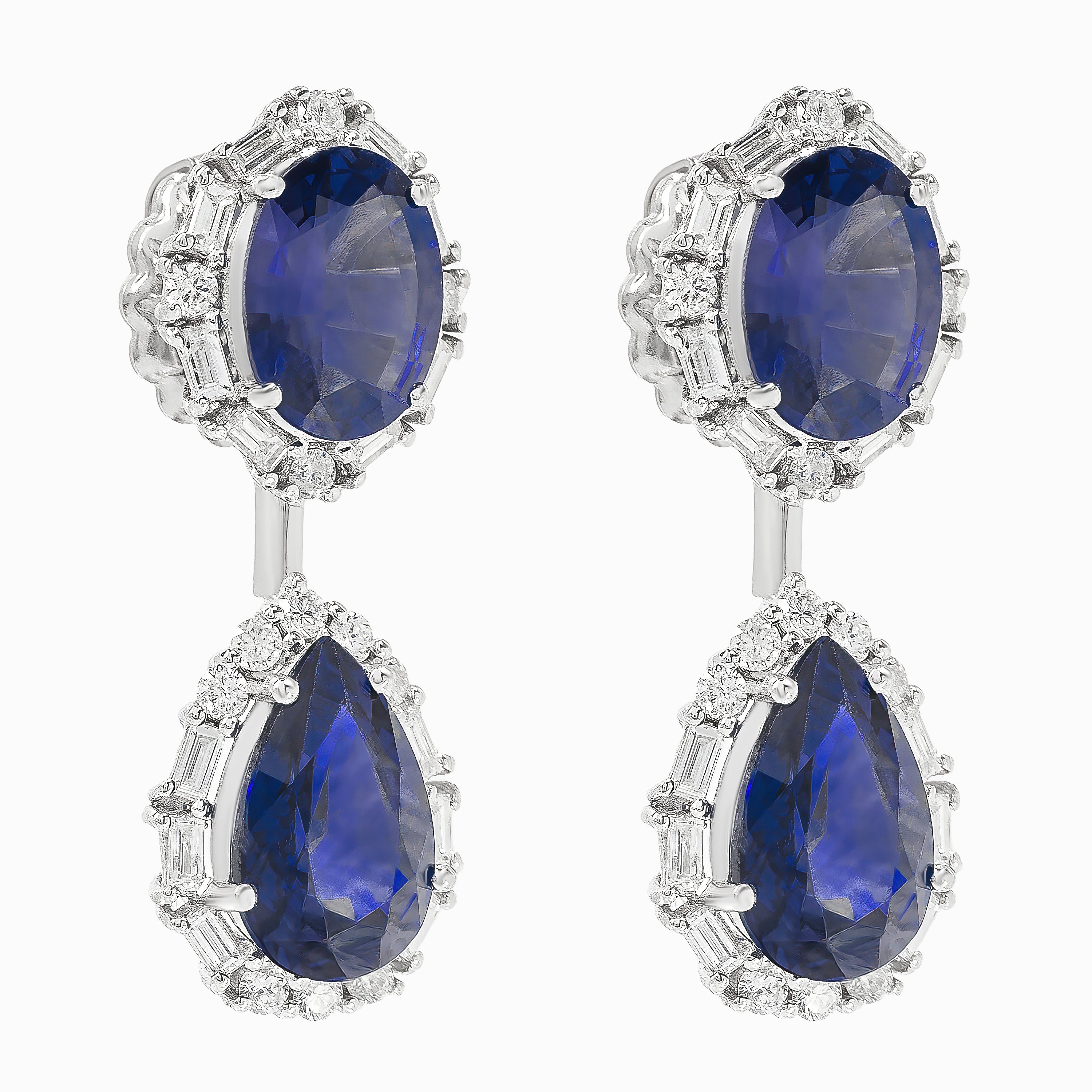 White Gold Drop Earrings with Diamond, Sapphire Stones