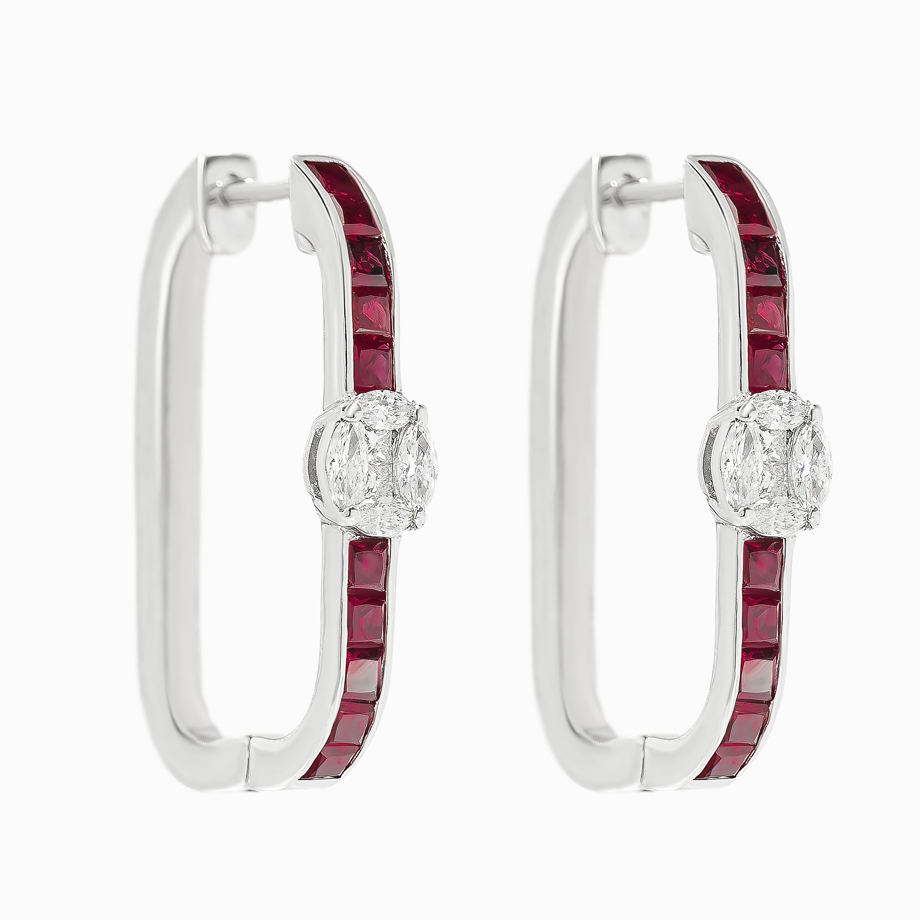White Gold Hoop Earrings with Diamond, Ruby Stones