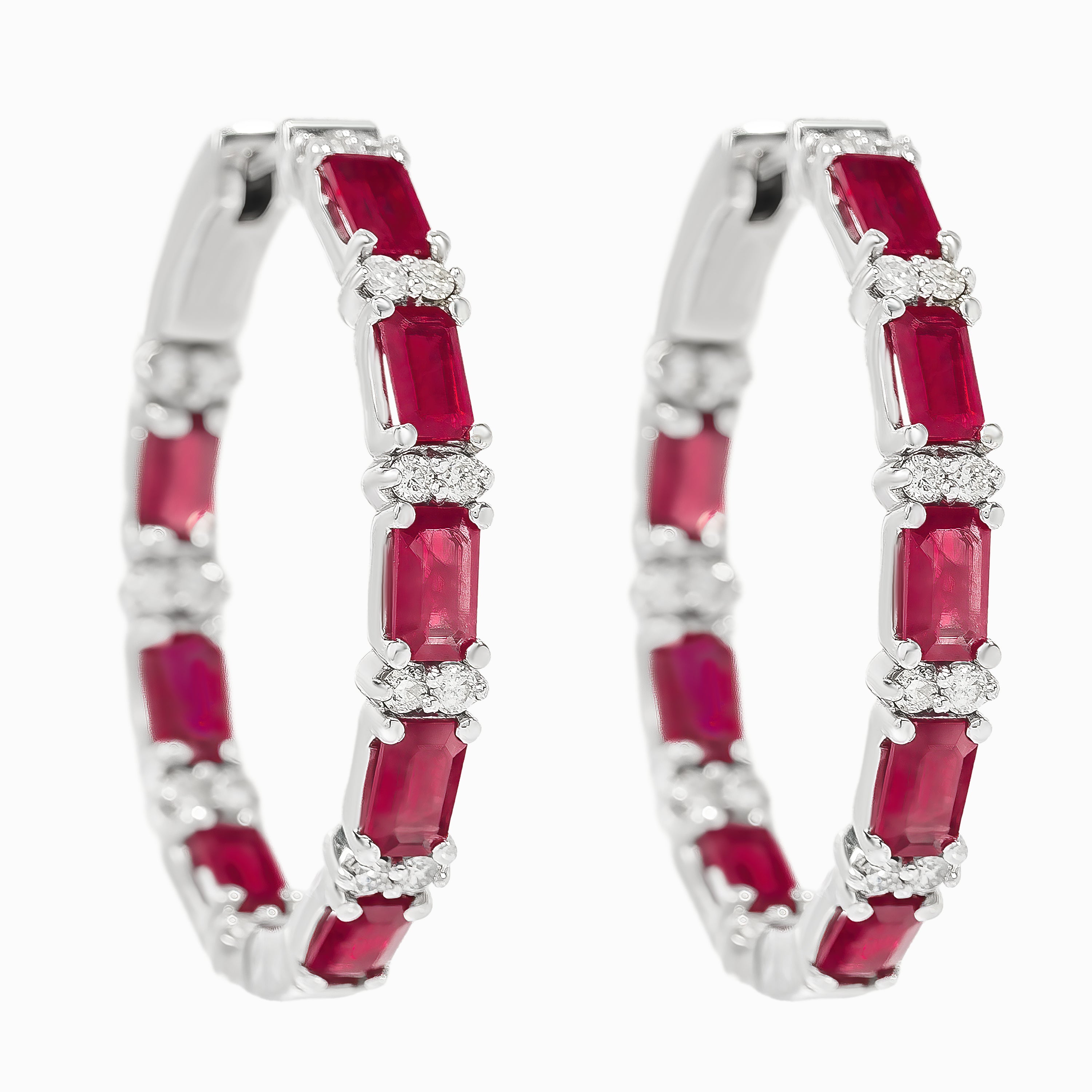 White Gold Hoop Earrings with Diamond, Ruby Stones