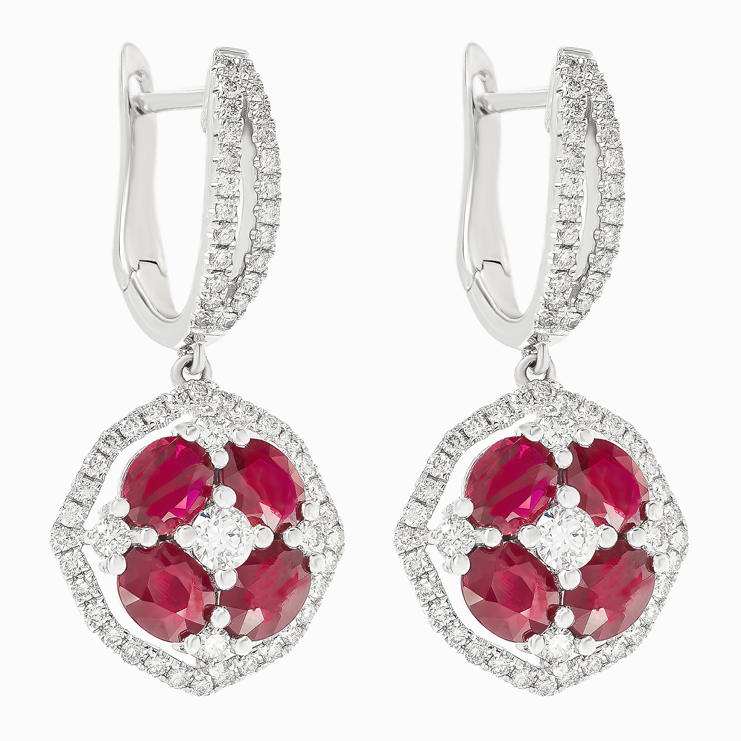 White Gold Drop Earrings with Diamond, Ruby Stones