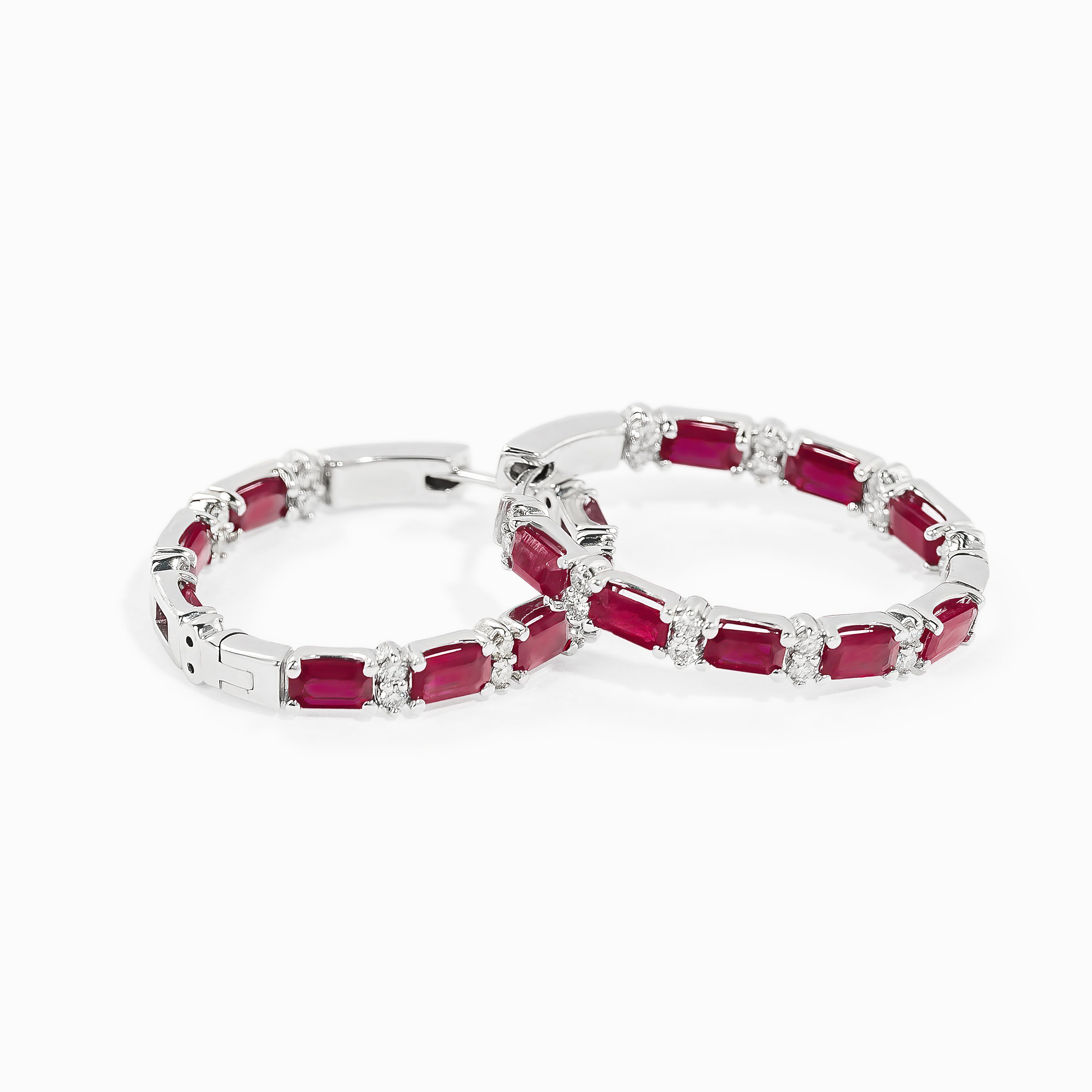 White Gold Hoop Earrings with Diamond, Ruby Stones