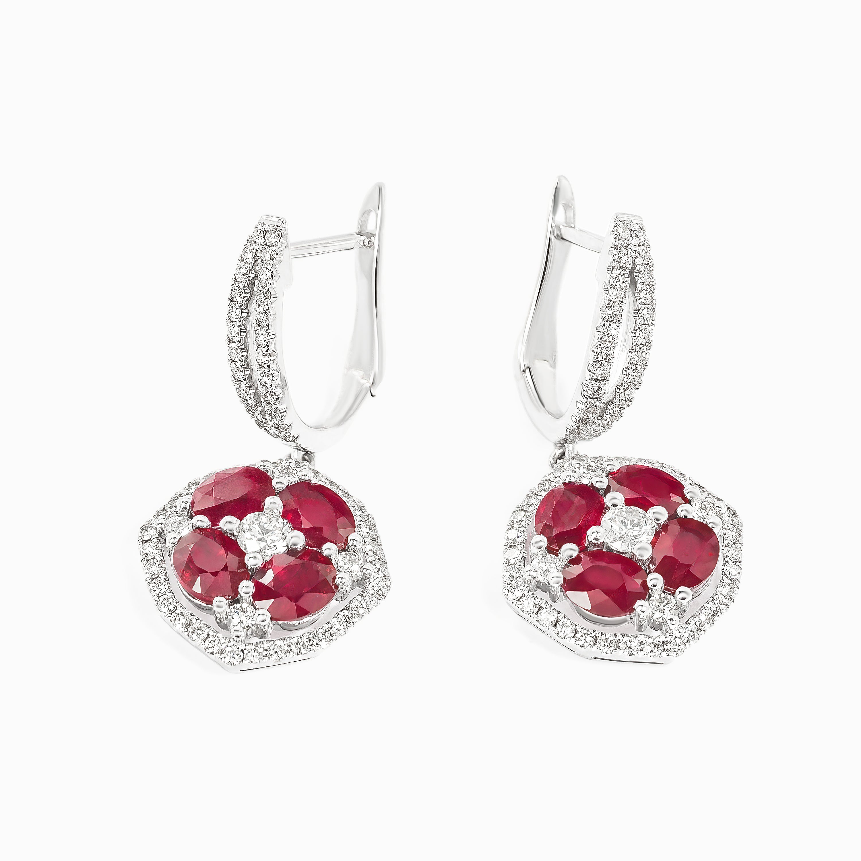 White Gold Drop Earrings with Diamond, Ruby Stones