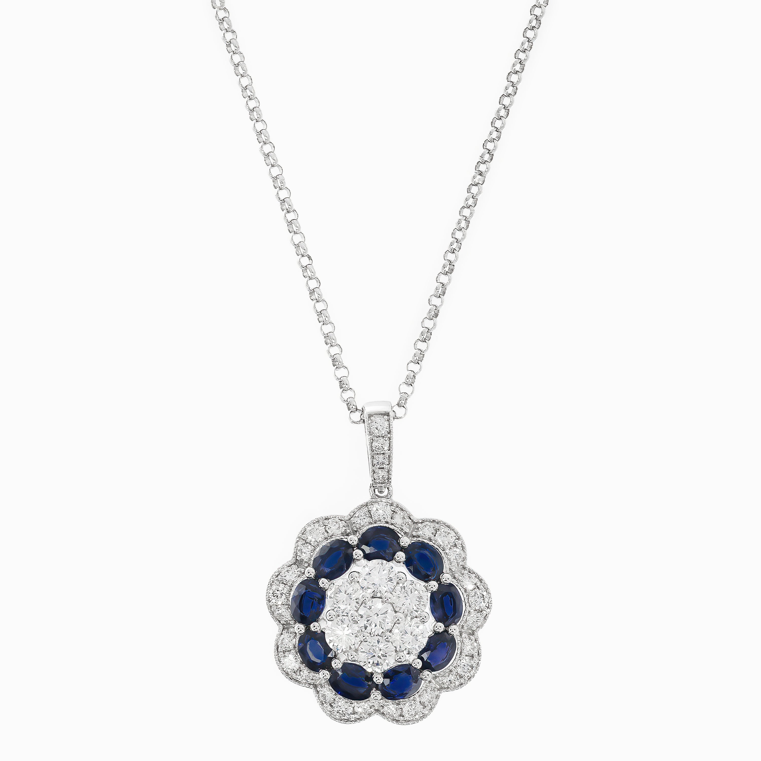 White Gold Pendant Necklace with Diamond, Sapphire Stones