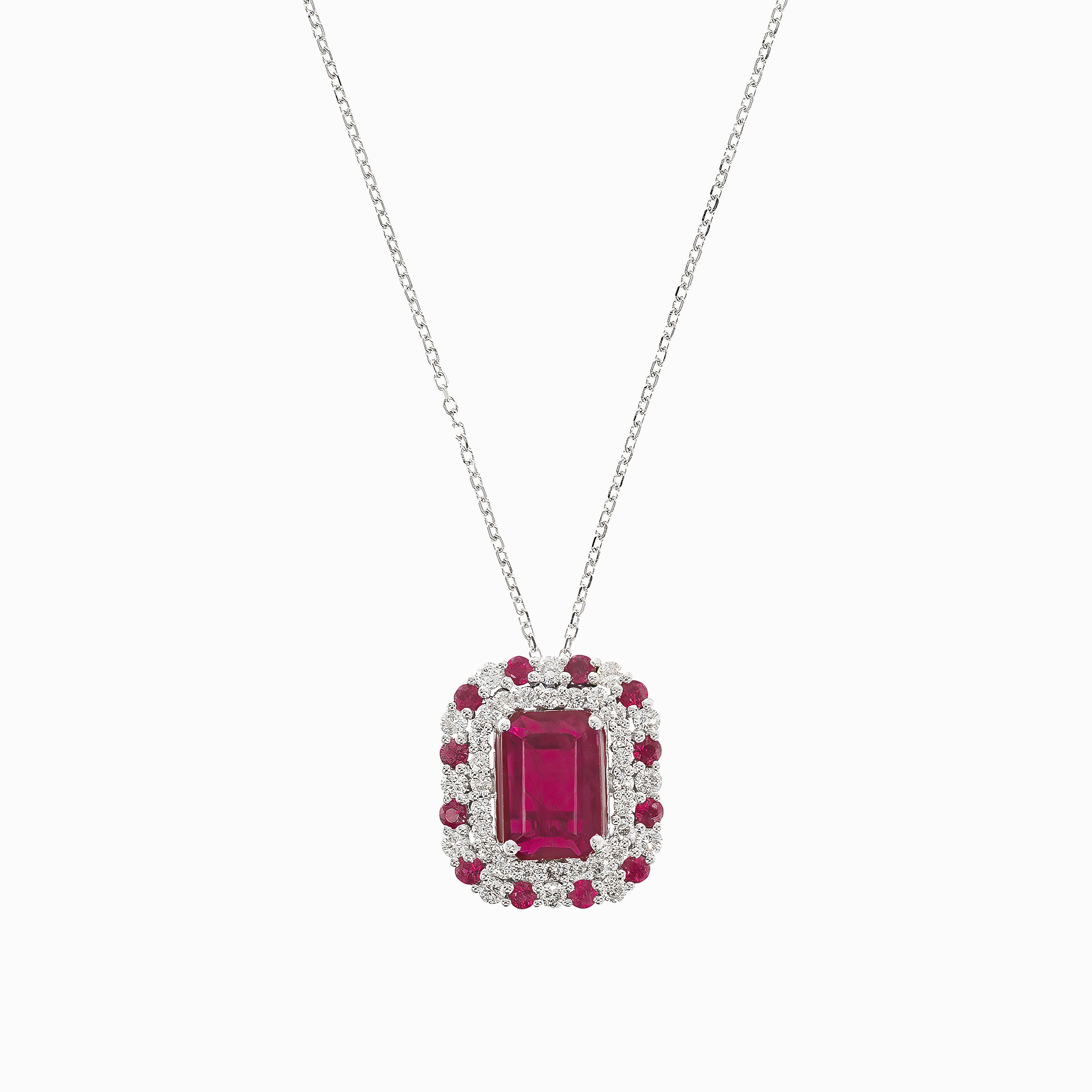 White Gold Pendant Necklace with Diamond, Ruby Stones