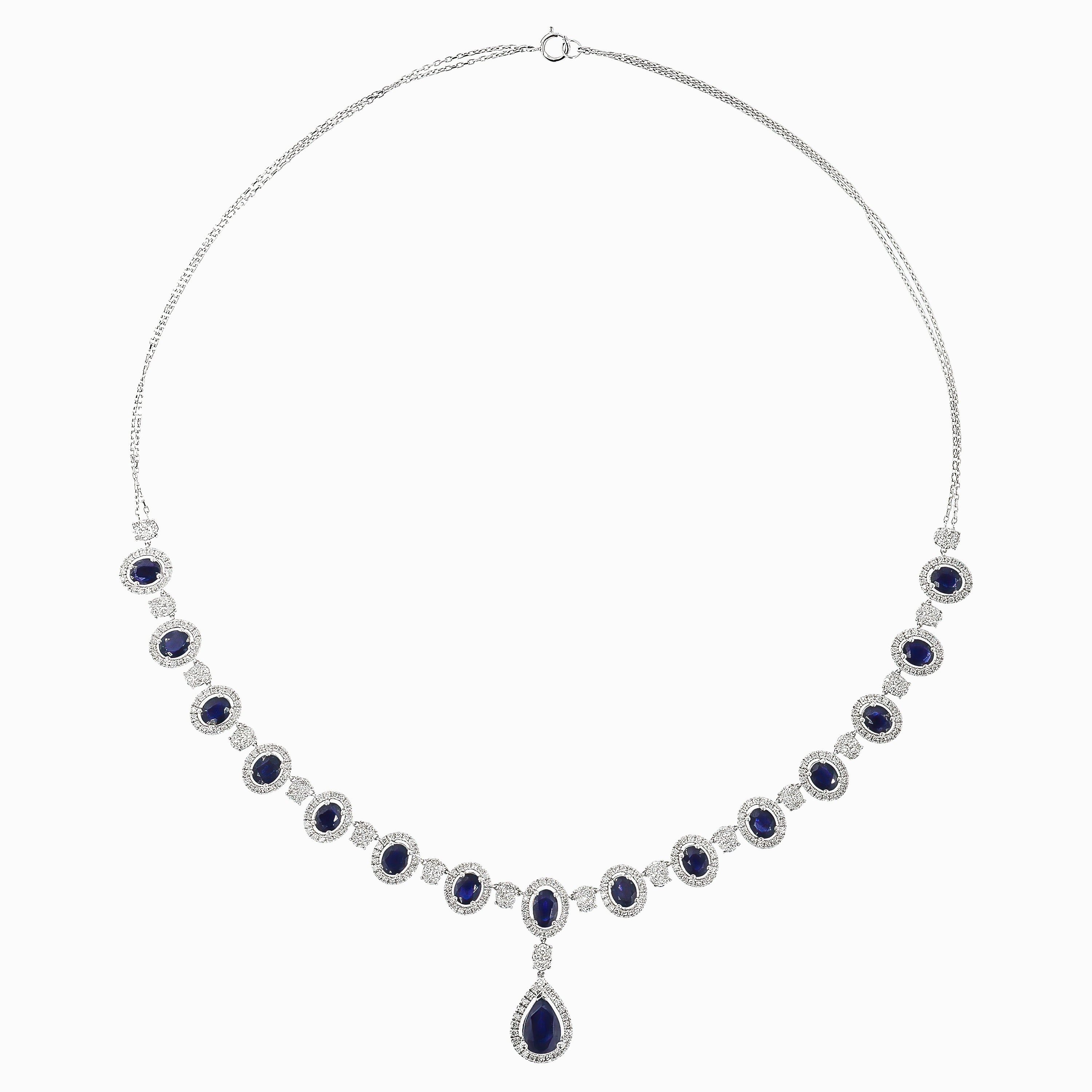 White Gold Gemstone Necklace with Diamond, Sapphire Stones