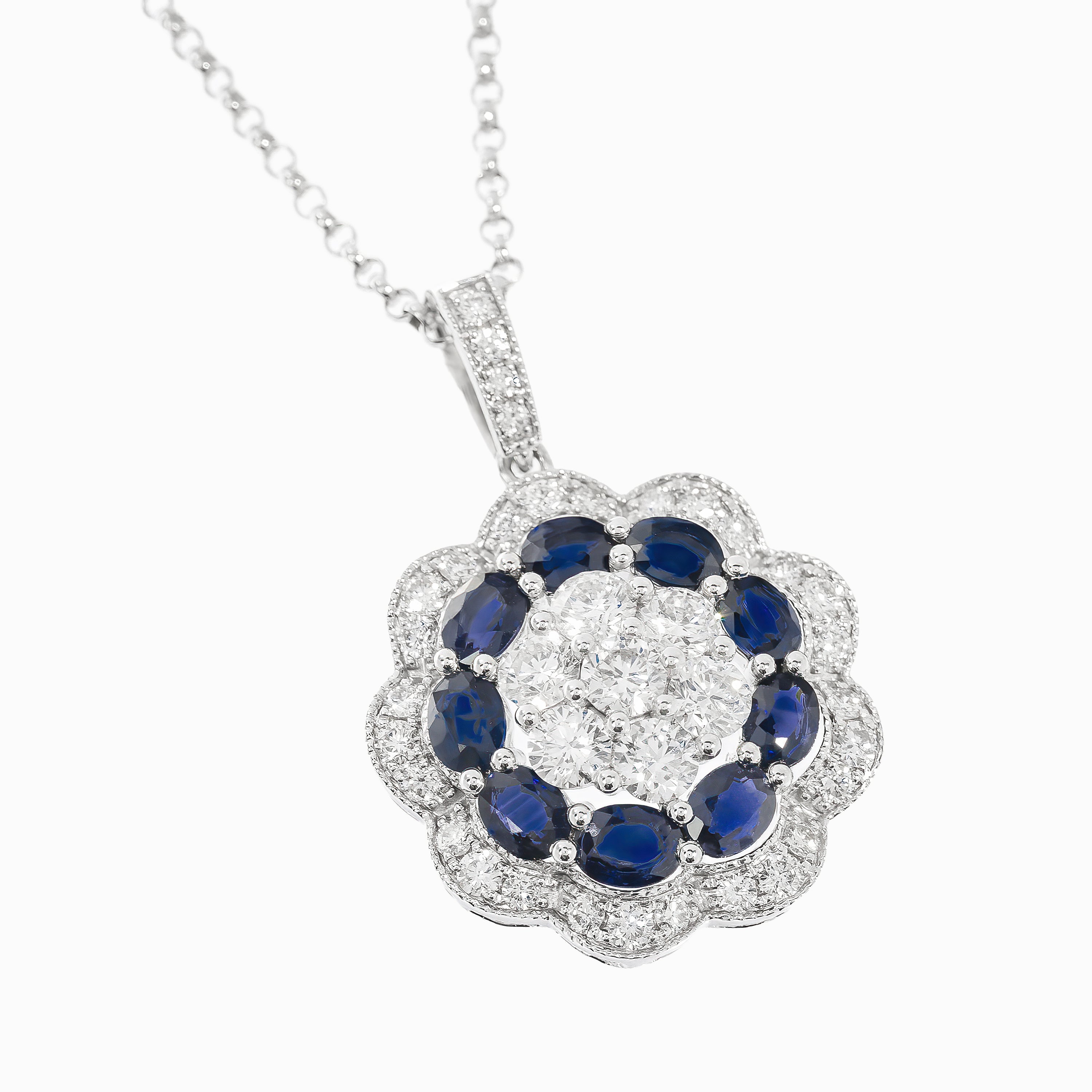 White Gold Pendant Necklace with Diamond, Sapphire Stones