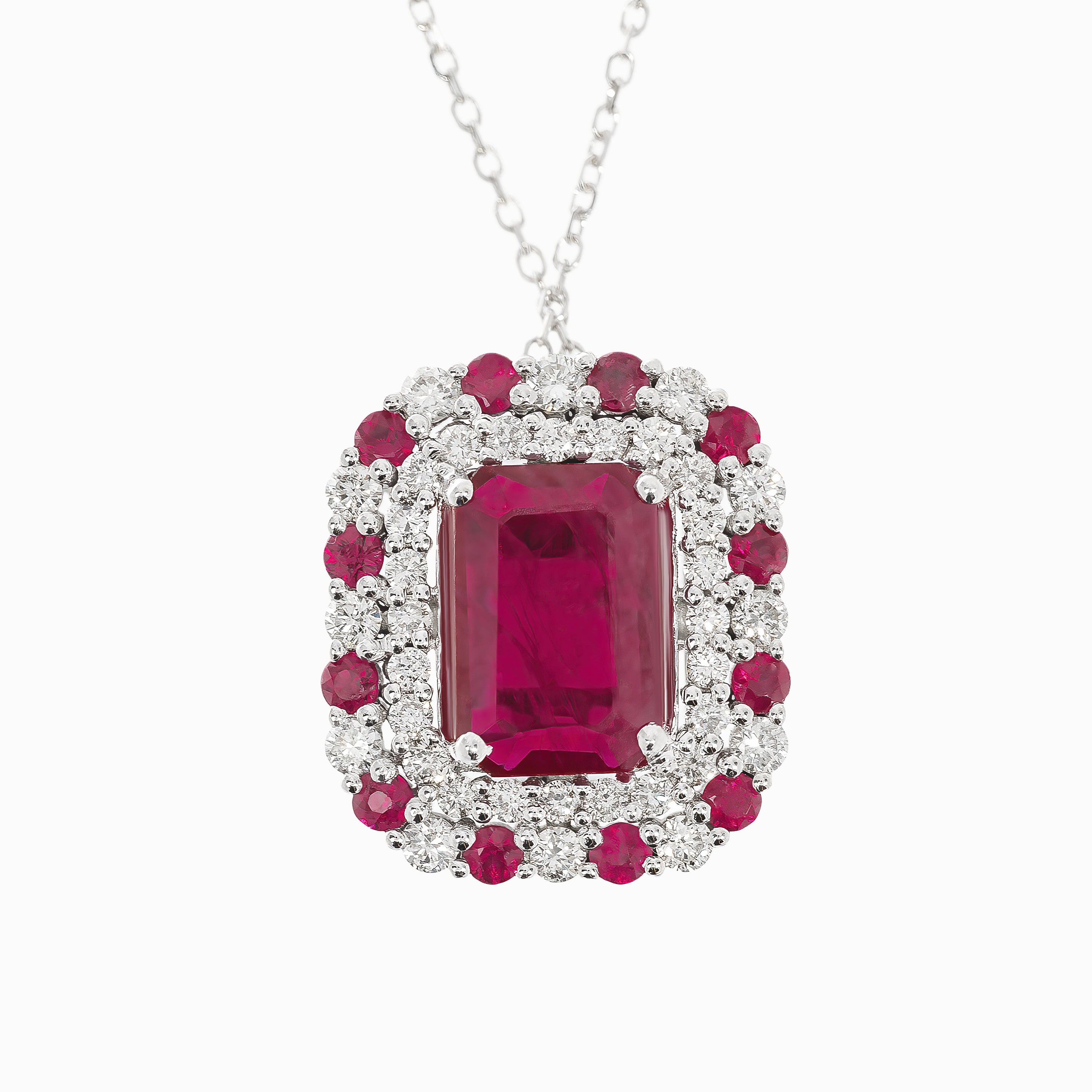 White Gold Pendant Necklace with Diamond, Ruby Stones