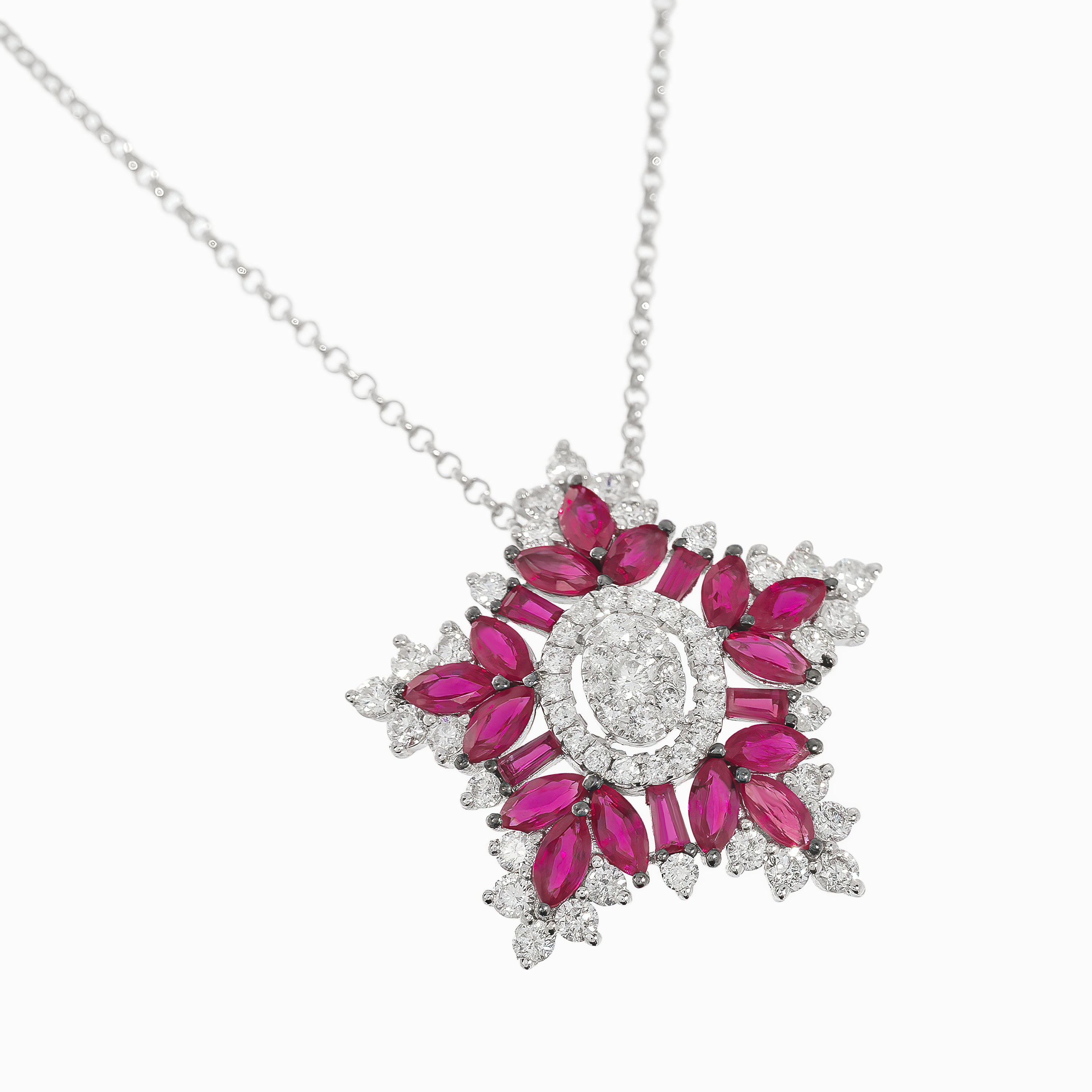 White Gold Pendant Necklace with Diamond, Ruby Stones