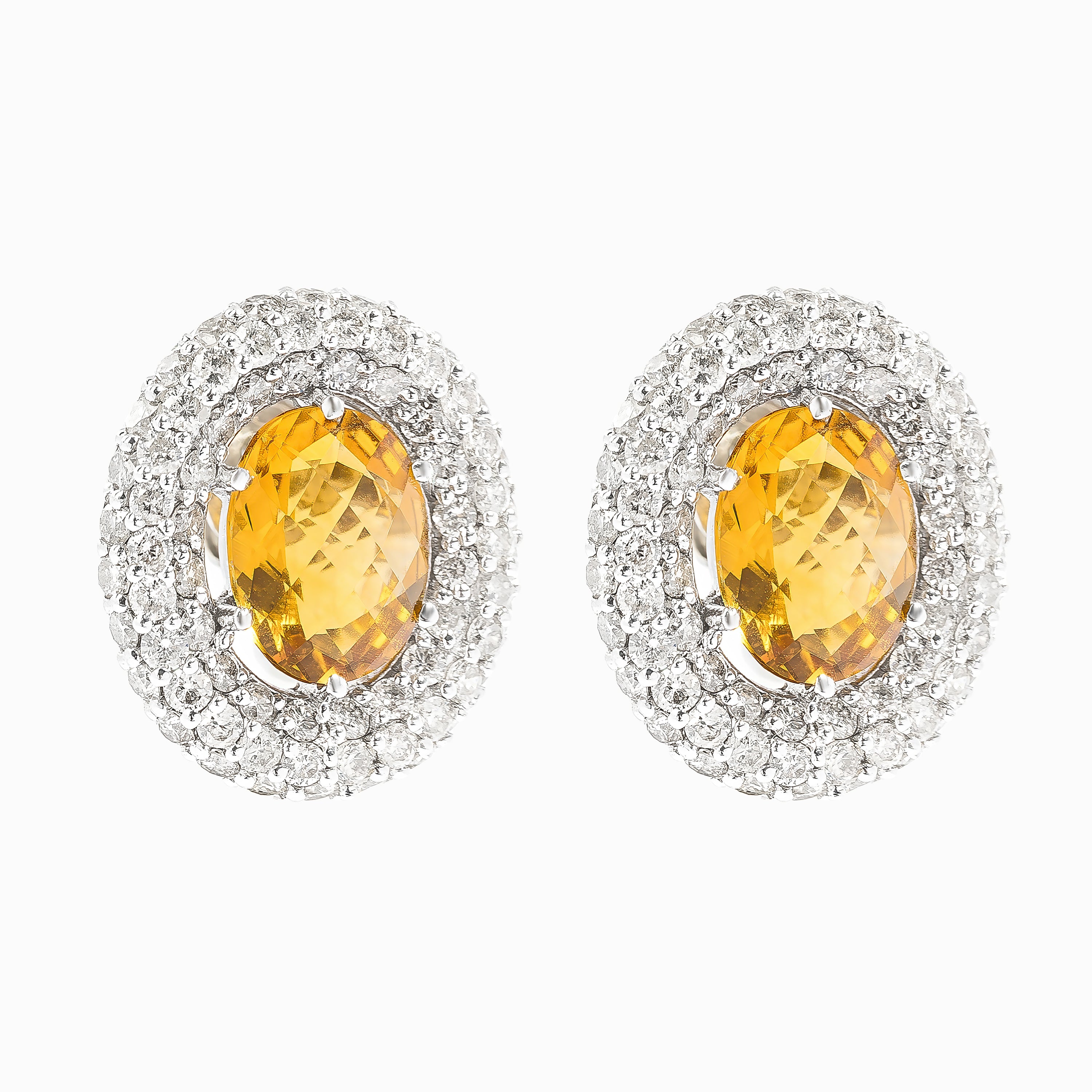 White Gold Stud Earrings with Citrine, Diamond Stones
