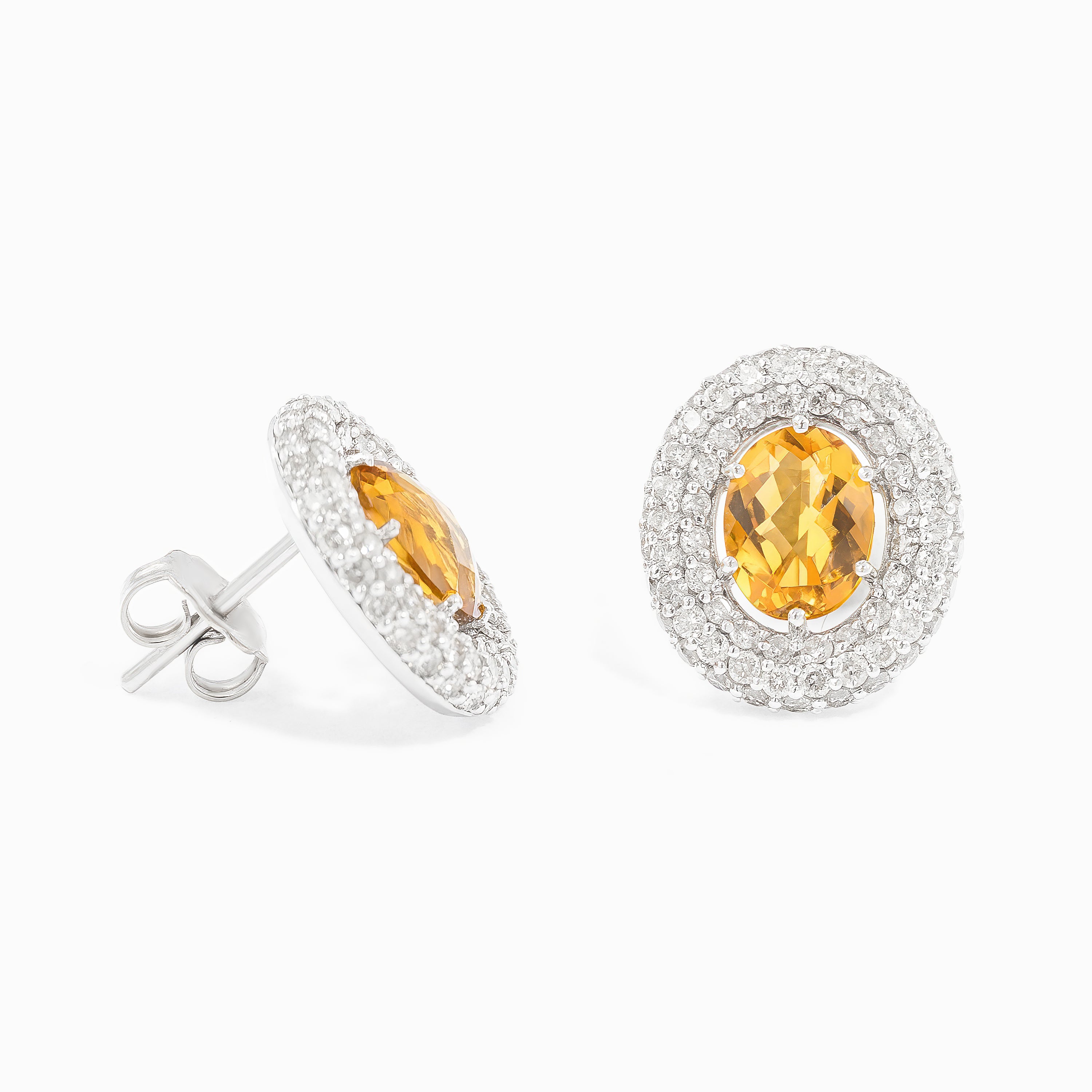 White Gold Stud Earrings with Citrine, Diamond Stones