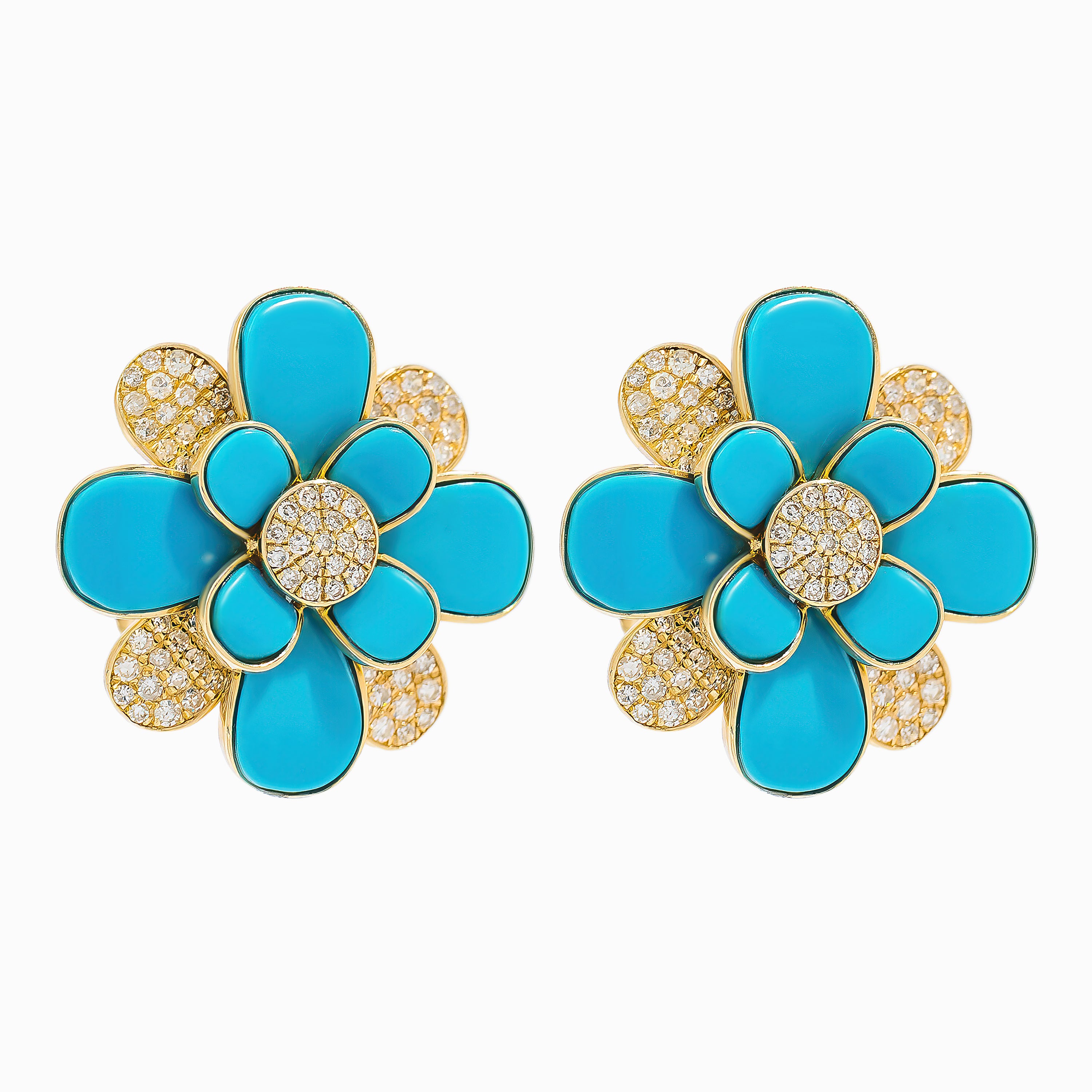 White Gold Stud Earrings With Diamond, Turquoise Stones