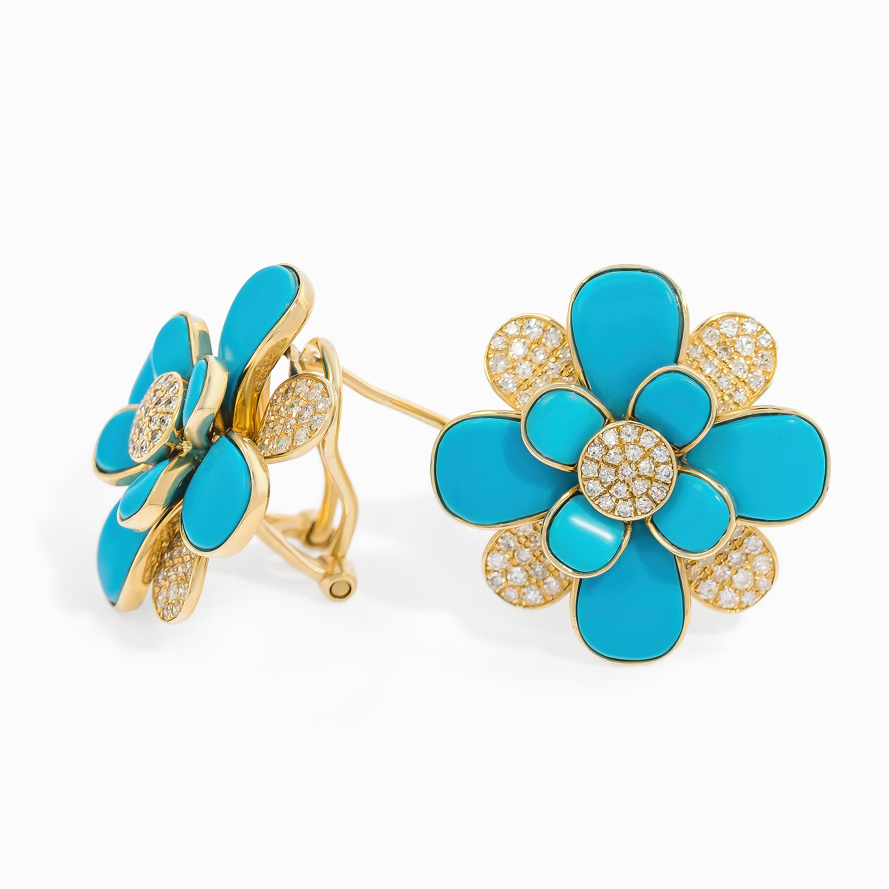 White Gold Stud Earrings With Diamond, Turquoise Stones