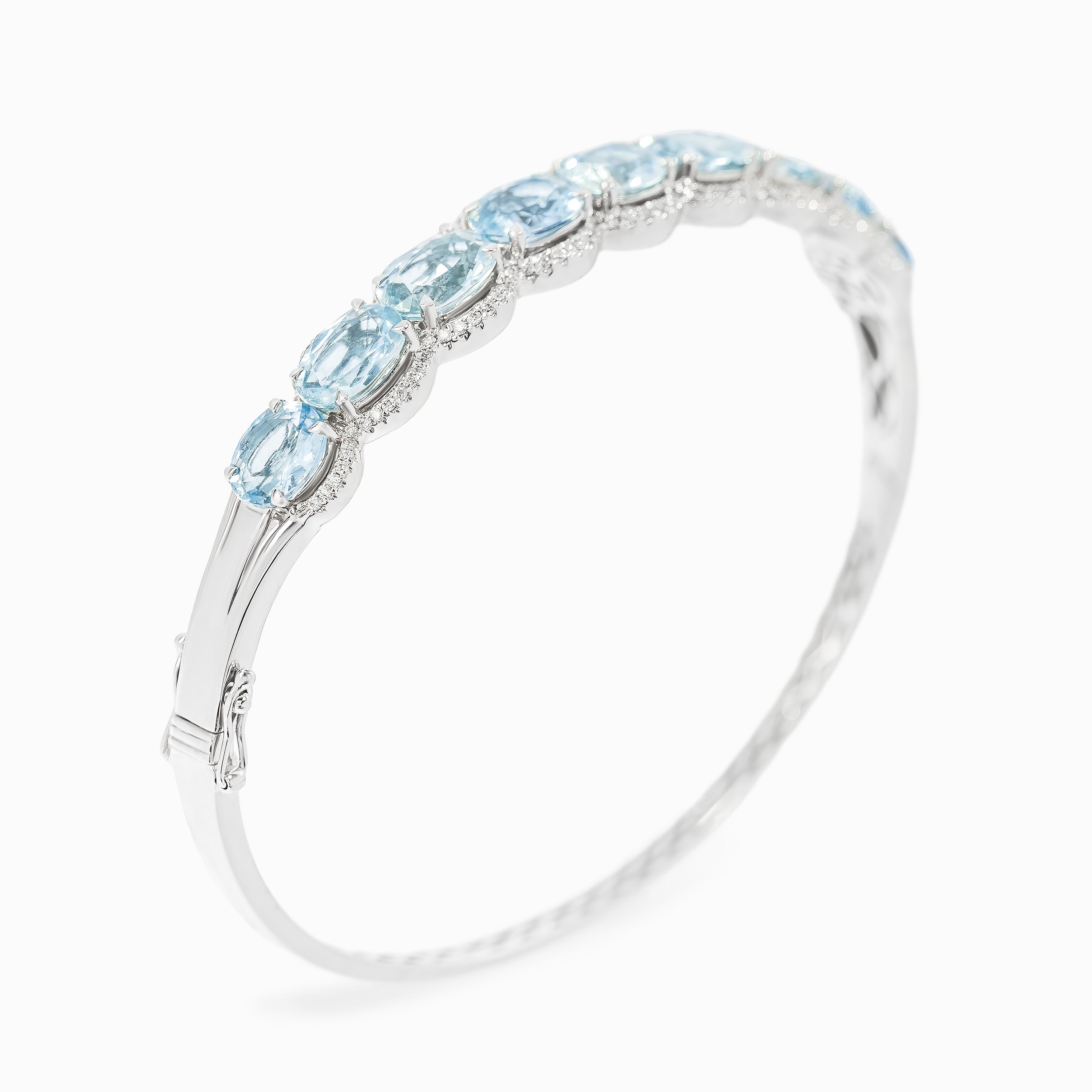 White Gold Bangle Bracelet with Aquamarine, Diamond Stones