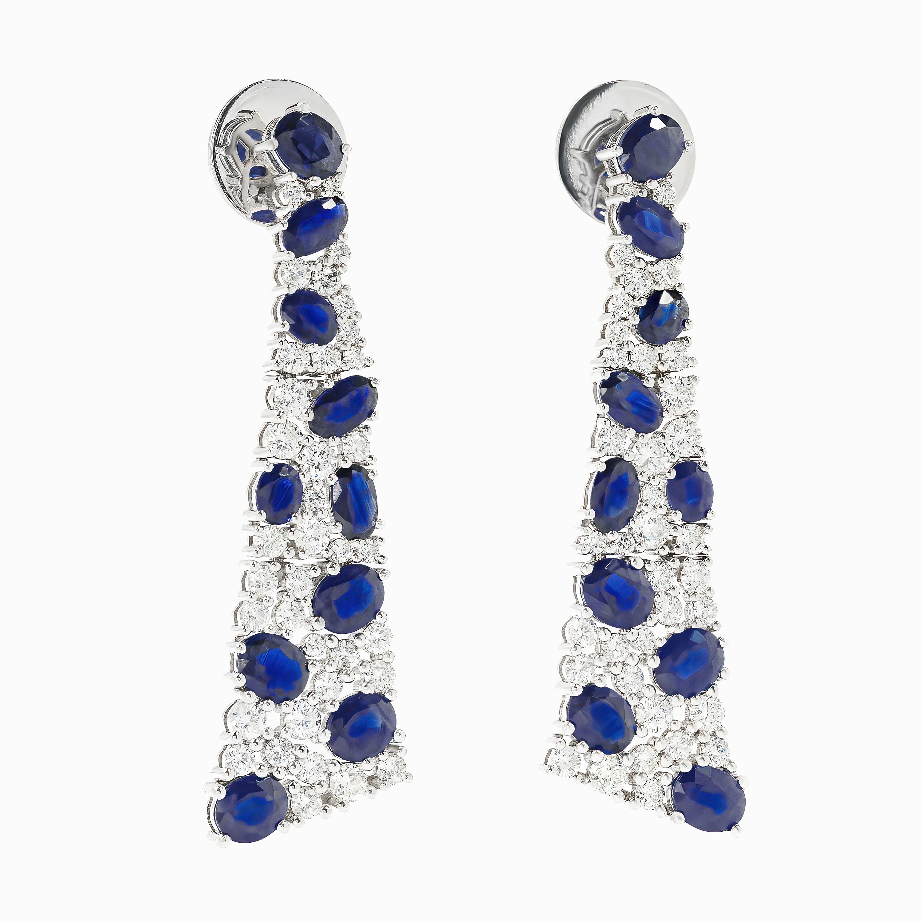 White Gold Drop Earrings with Diamond, Sapphire Stones