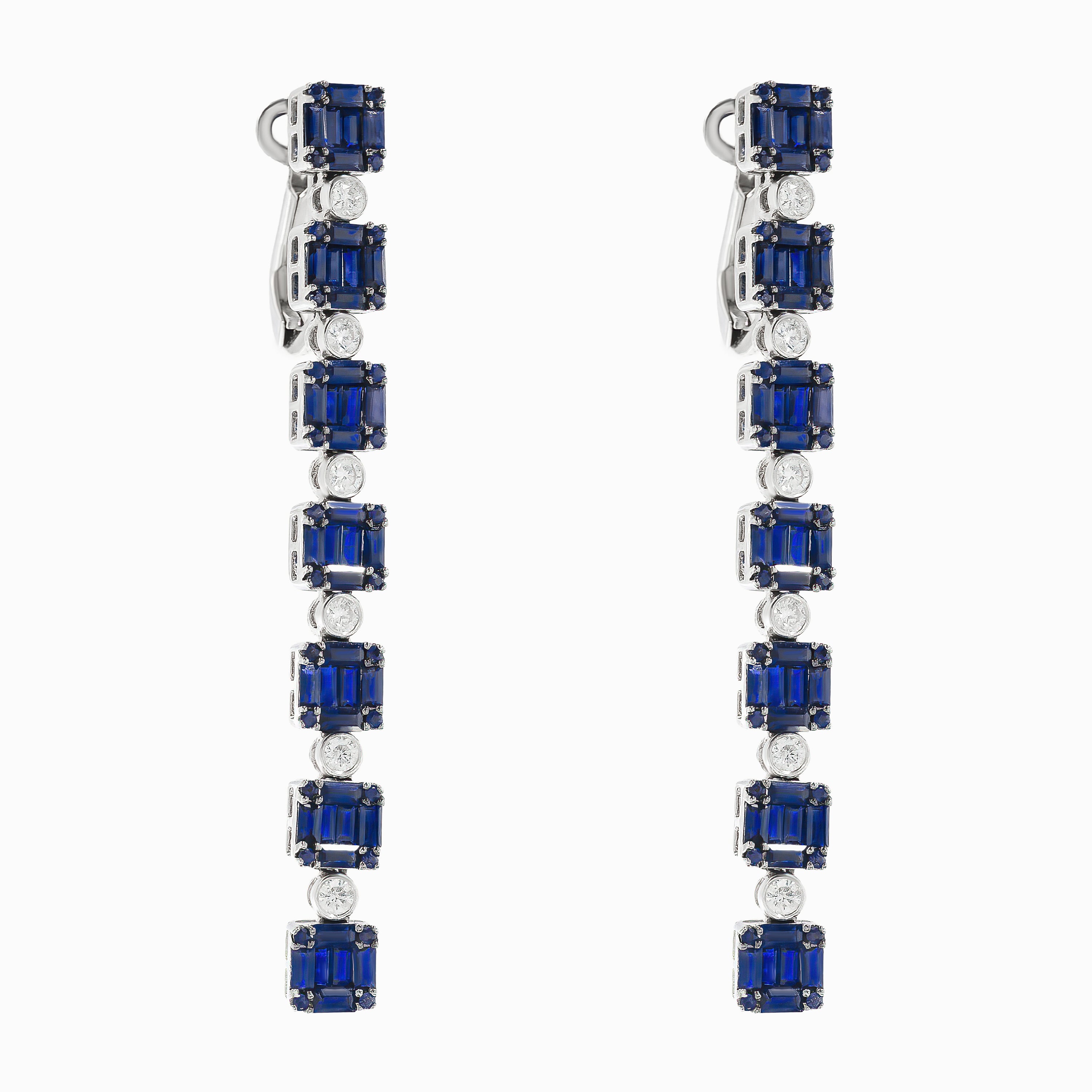 White Gold Drop Earrings with Diamond, Sapphire Stones