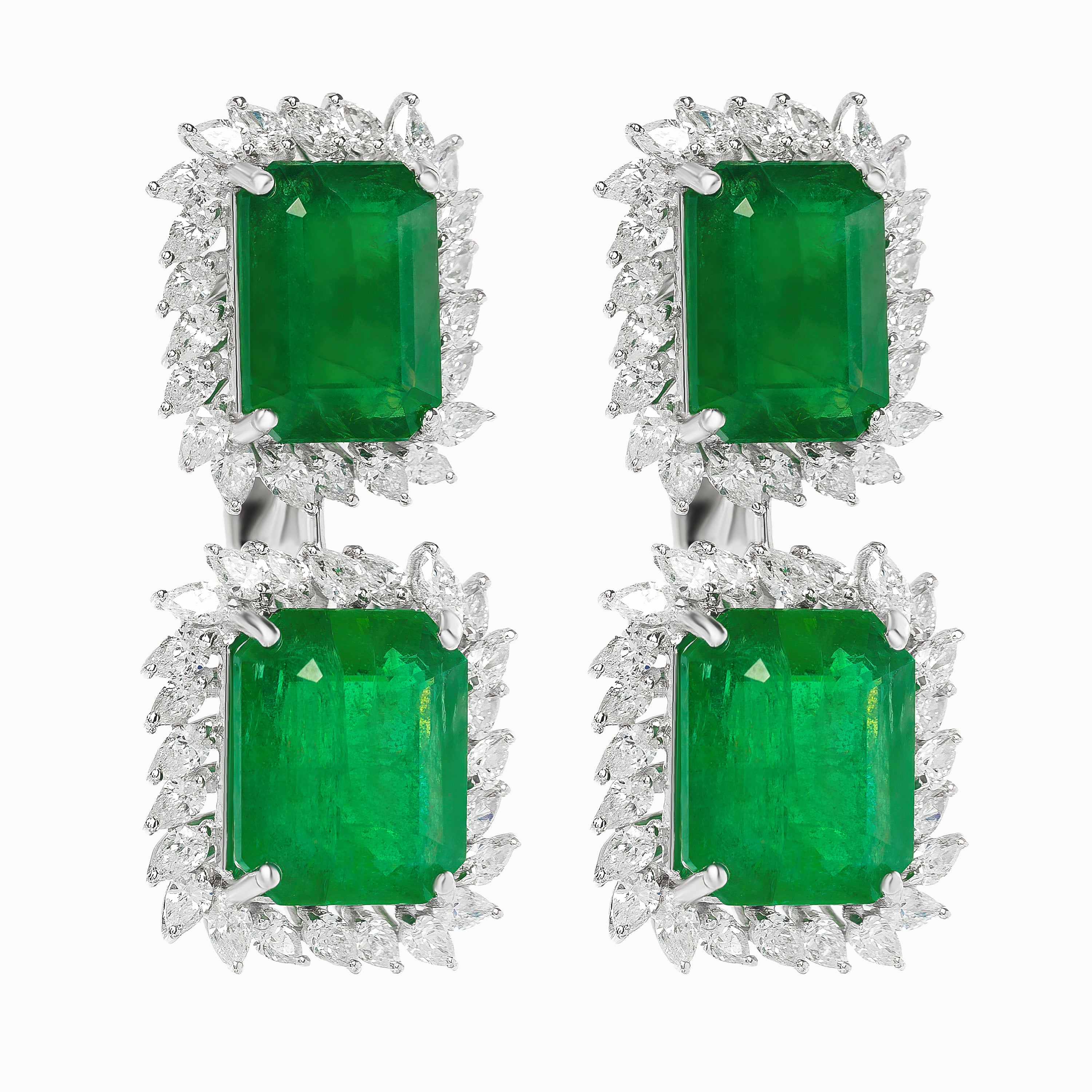 White Gold Drop Earrings with Diamond, Emerald Stones