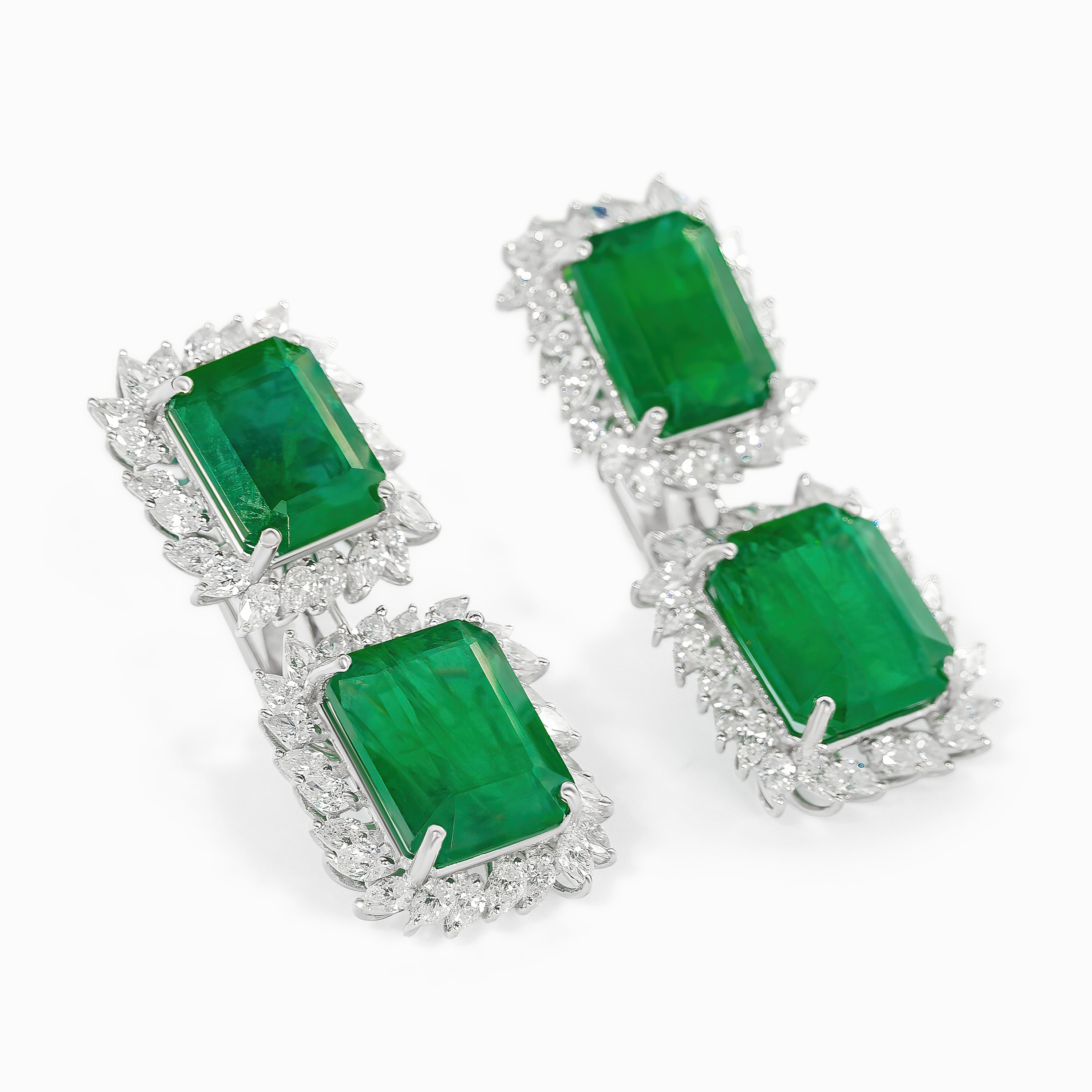 White Gold Drop Earrings with Diamond, Emerald Stones