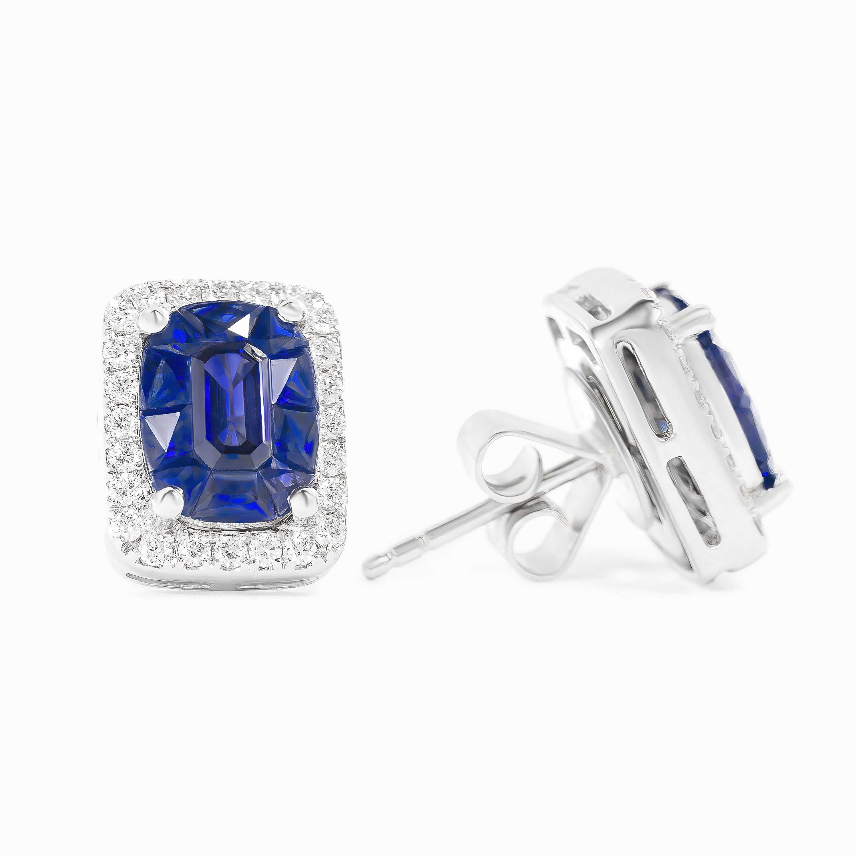 White Gold Stud Earrings with Diamond, Sapphire Stones