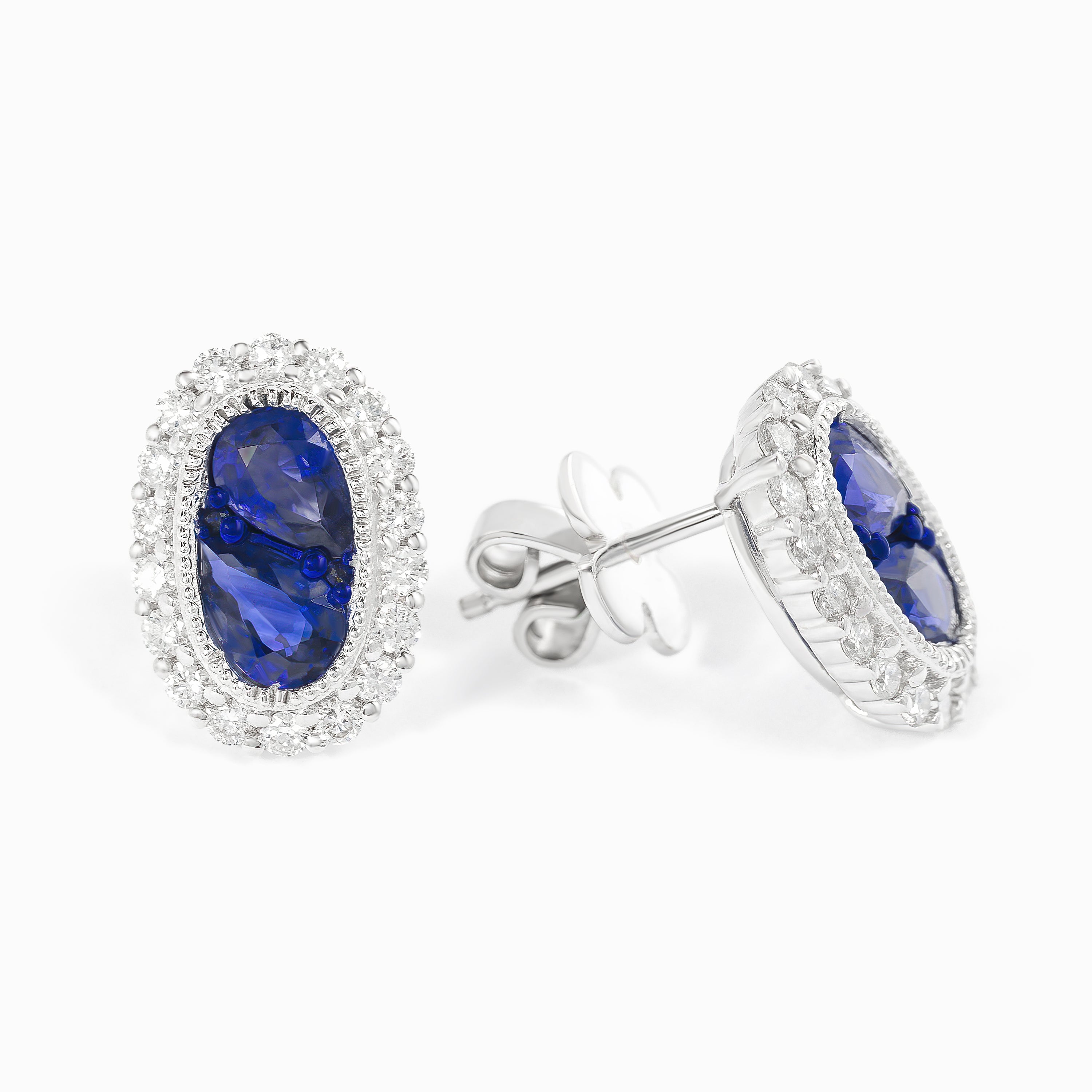 White Gold Stud Earrings with Diamond, Sapphire Stones