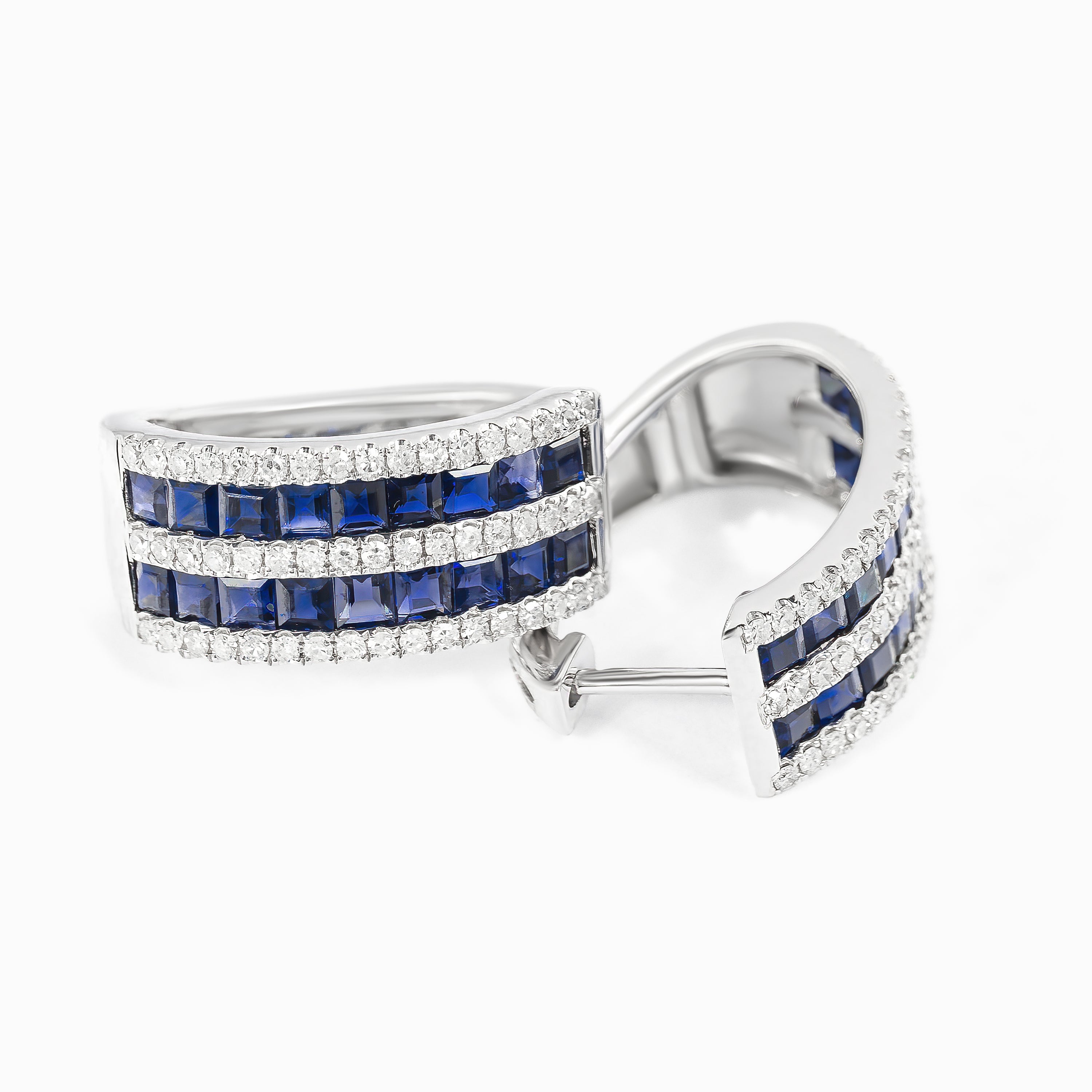 White Gold Hoop Earrings with Diamond, Sapphire Stones
