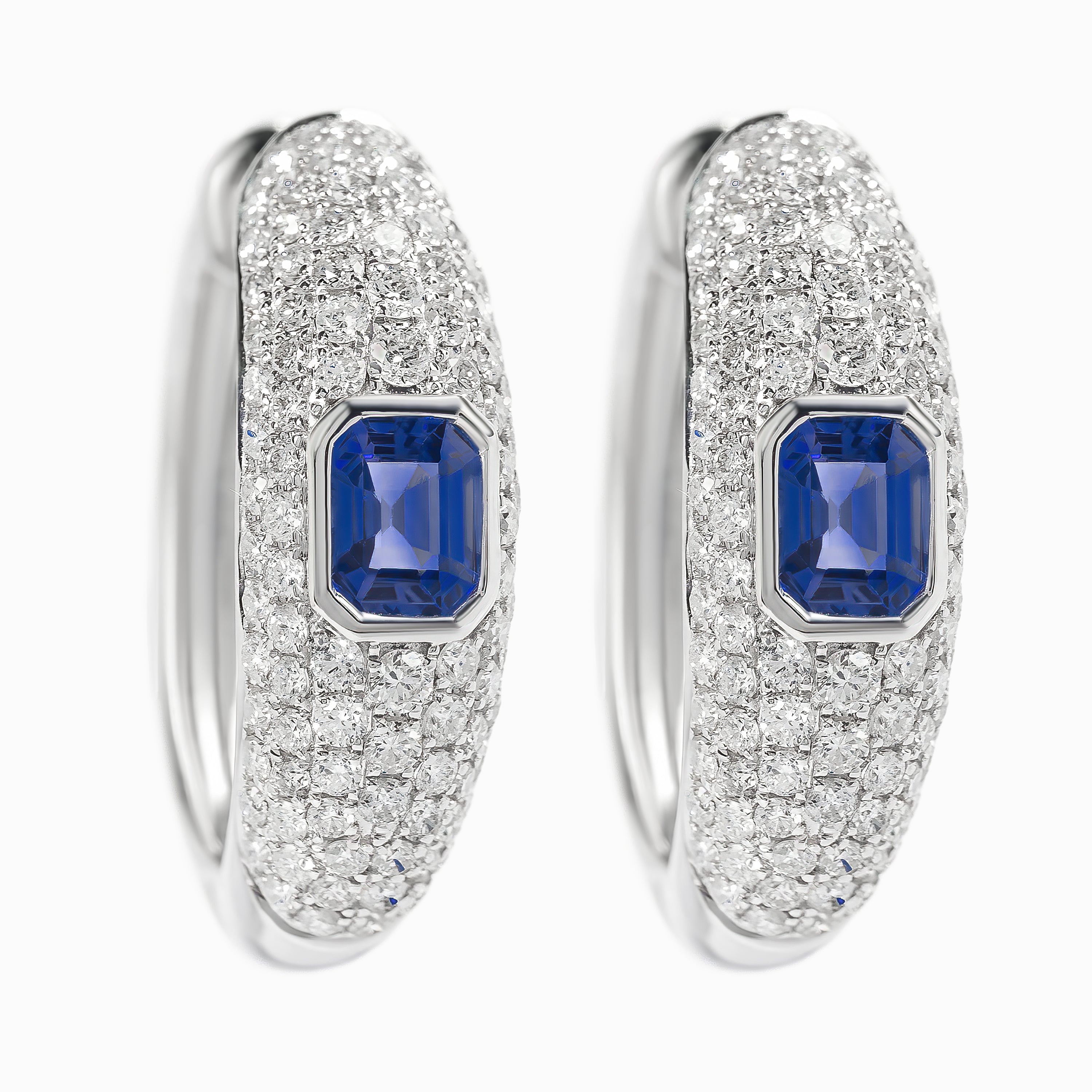 White Gold Hoop Earrings with Diamond, Sapphire Stones
