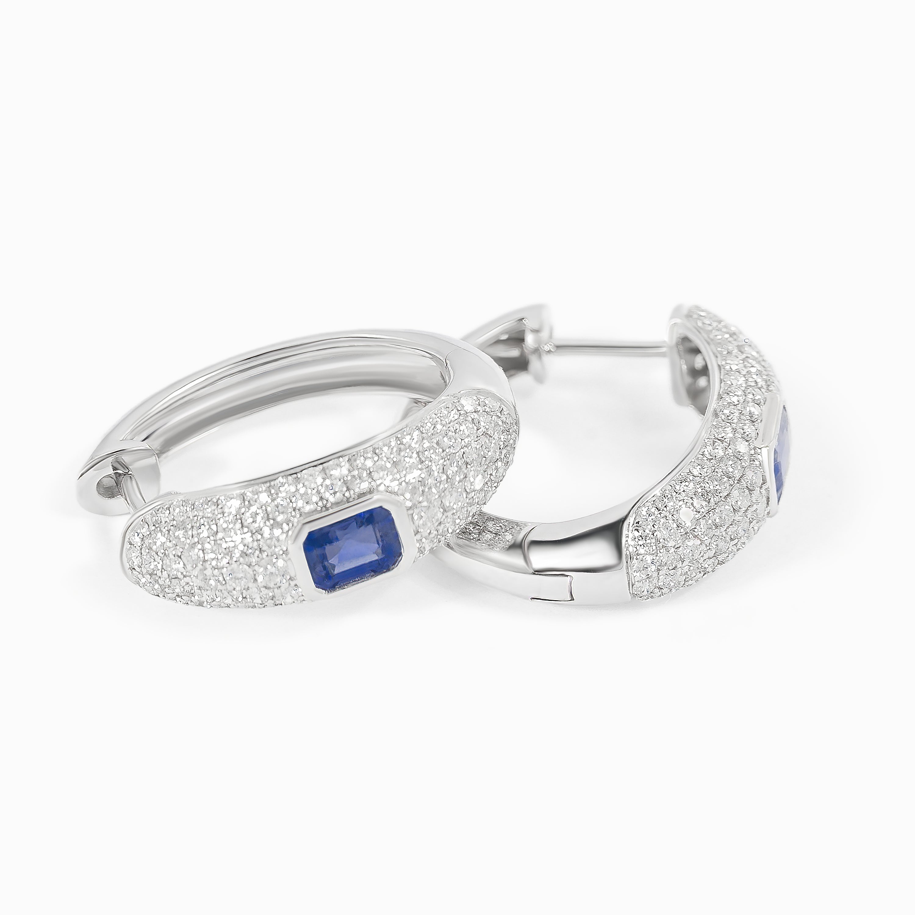 White Gold Hoop Earrings with Diamond, Sapphire Stones