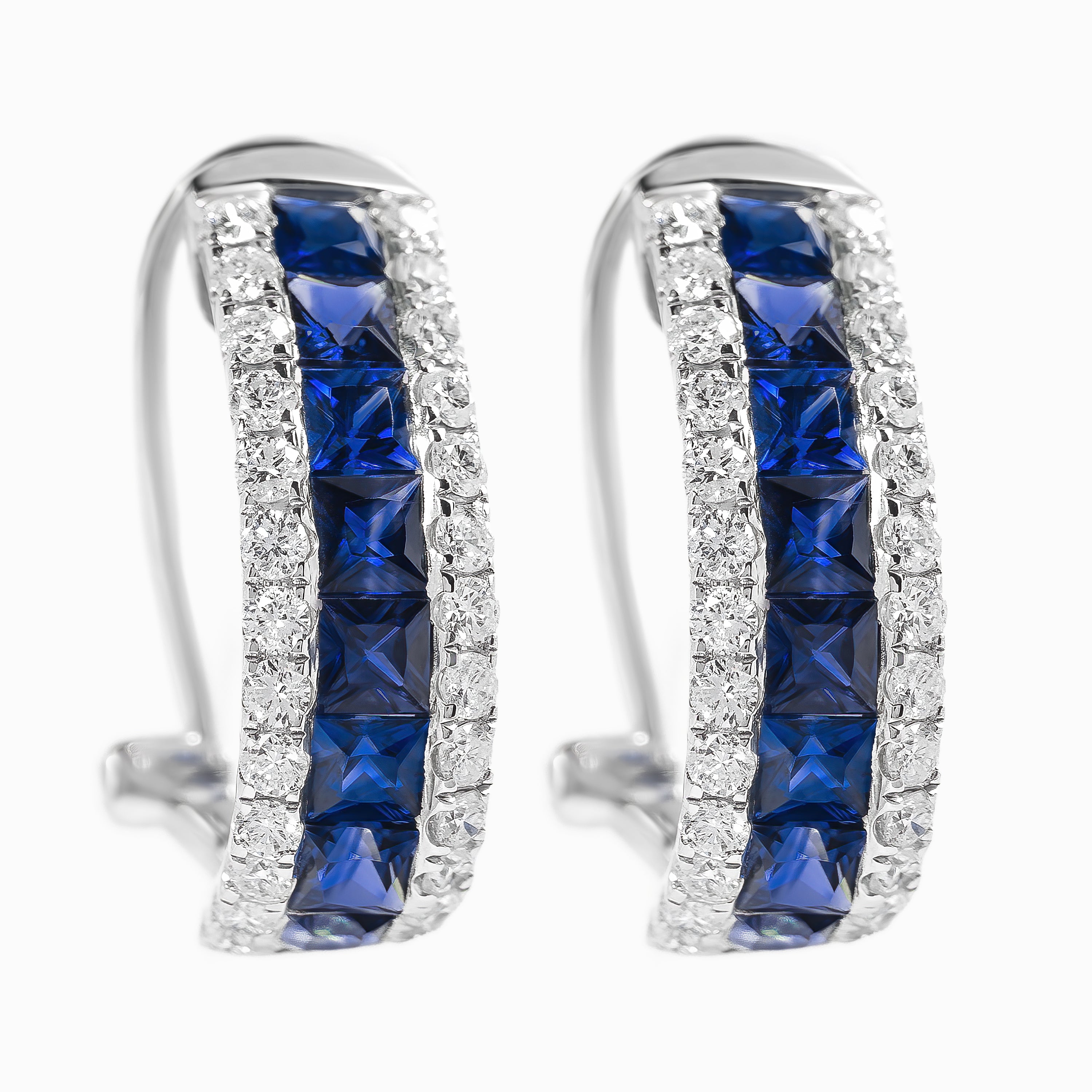 White Gold Hoop Earrings with Diamond, Sapphire Stones