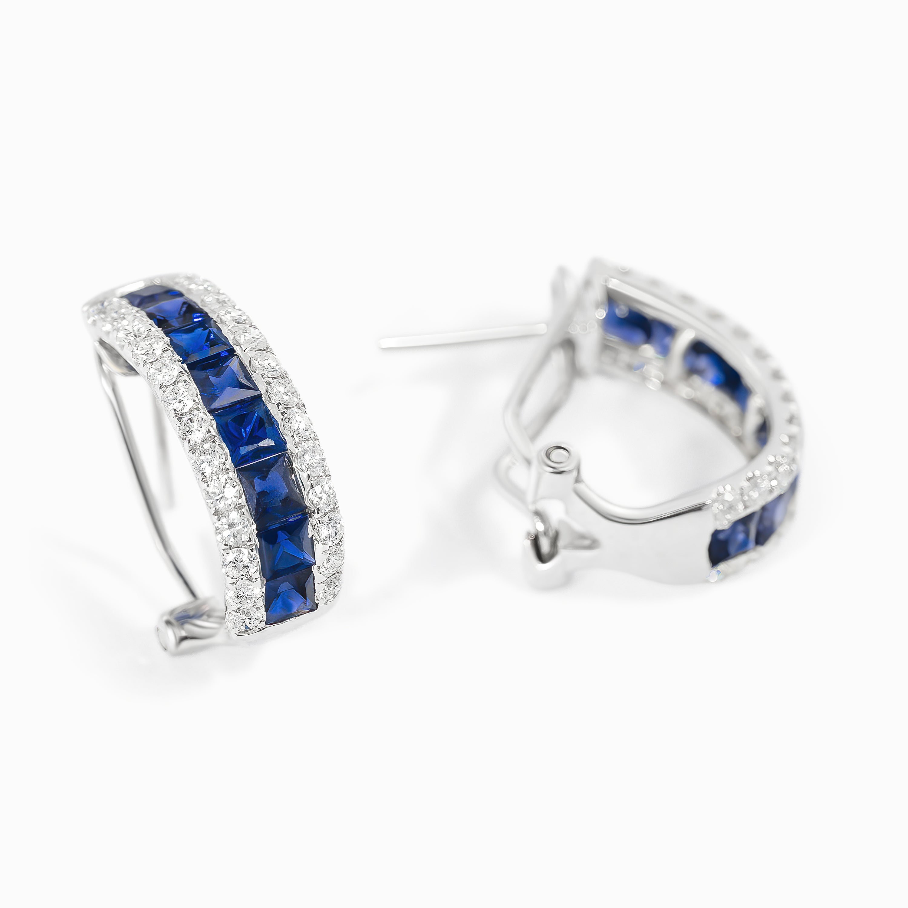 White Gold Hoop Earrings with Diamond, Sapphire Stones
