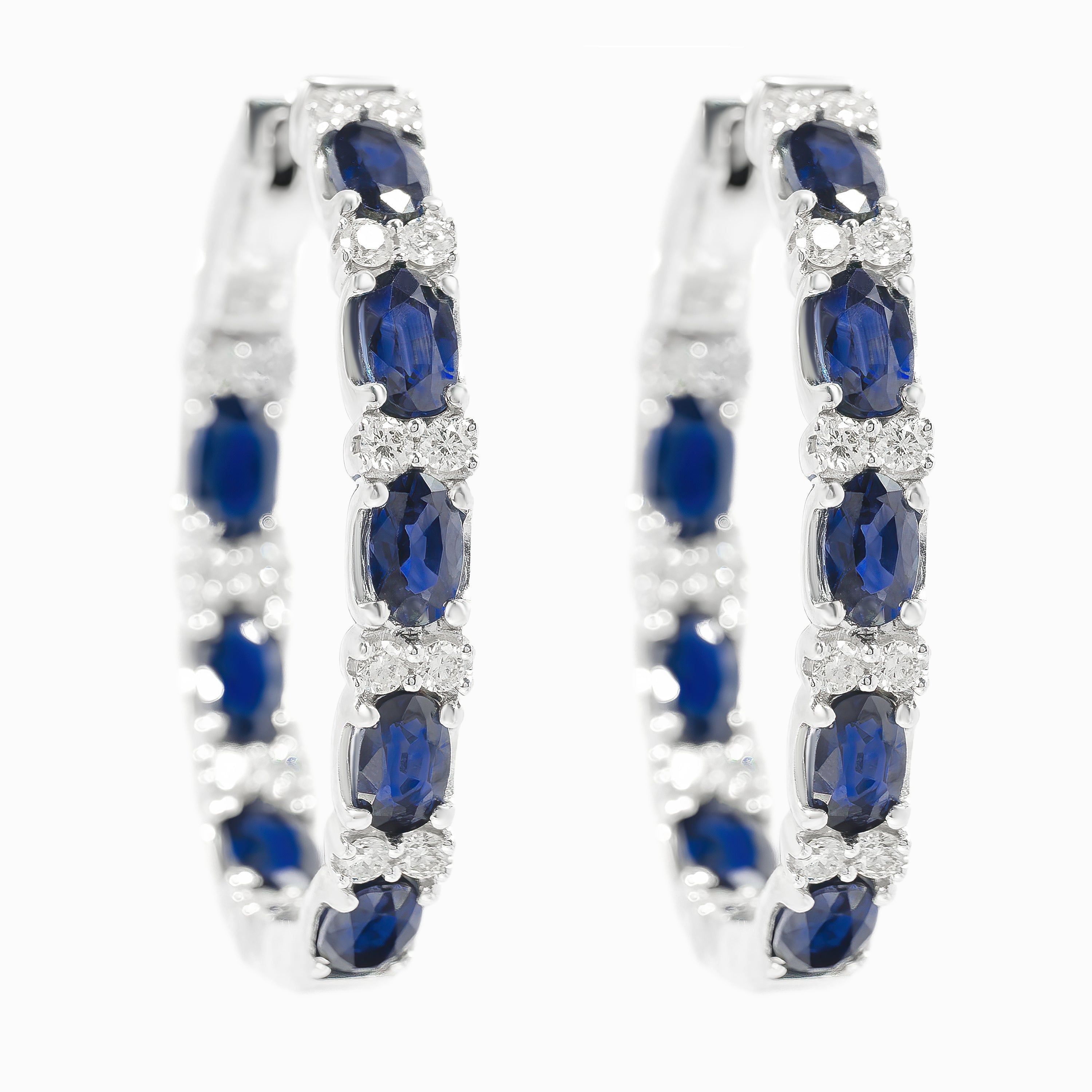 White Gold Hoop Earrings with Diamond, Sapphire Stones