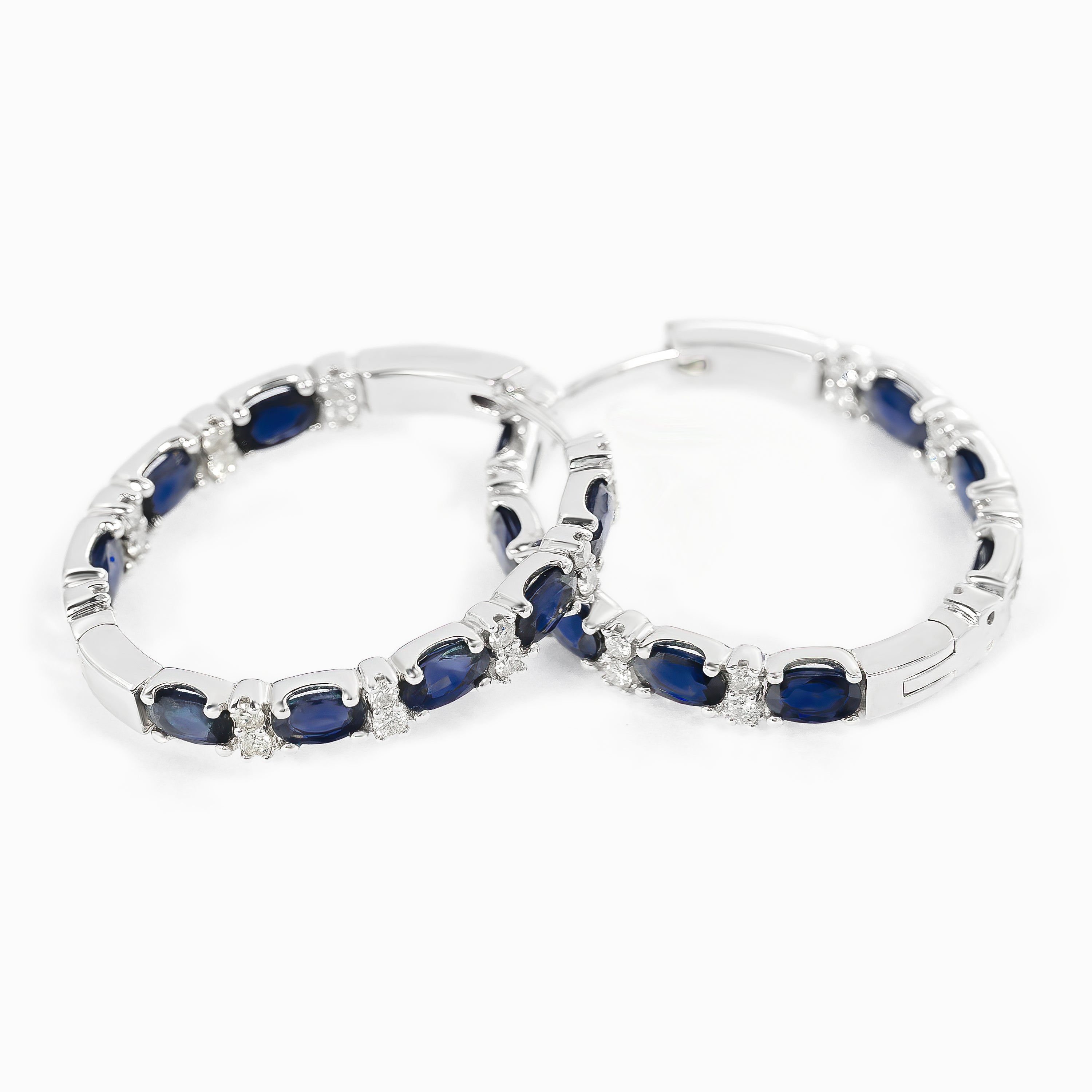 White Gold Hoop Earrings with Diamond, Sapphire Stones