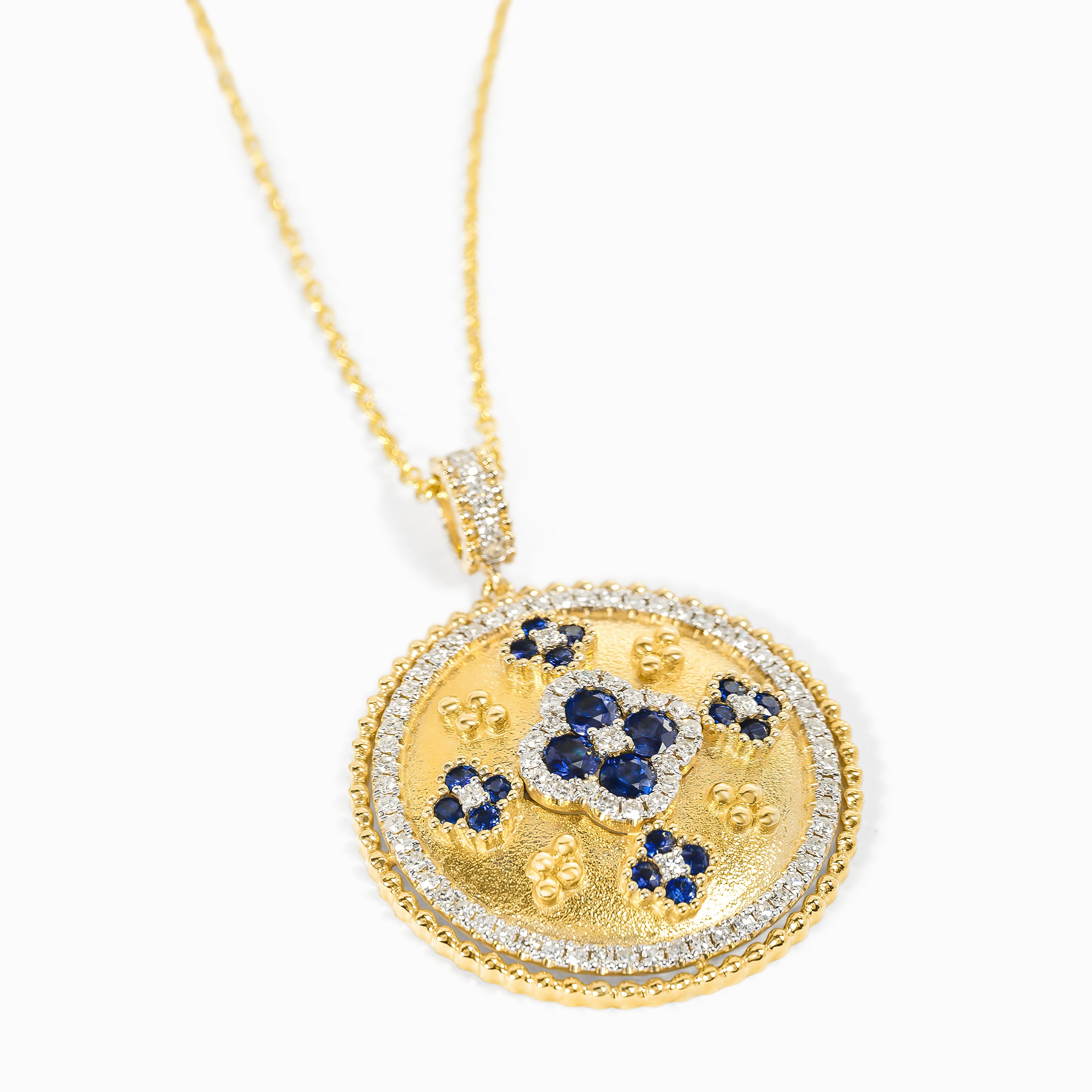 White Gold Pendant Necklace with Diamond, Sapphire Stones