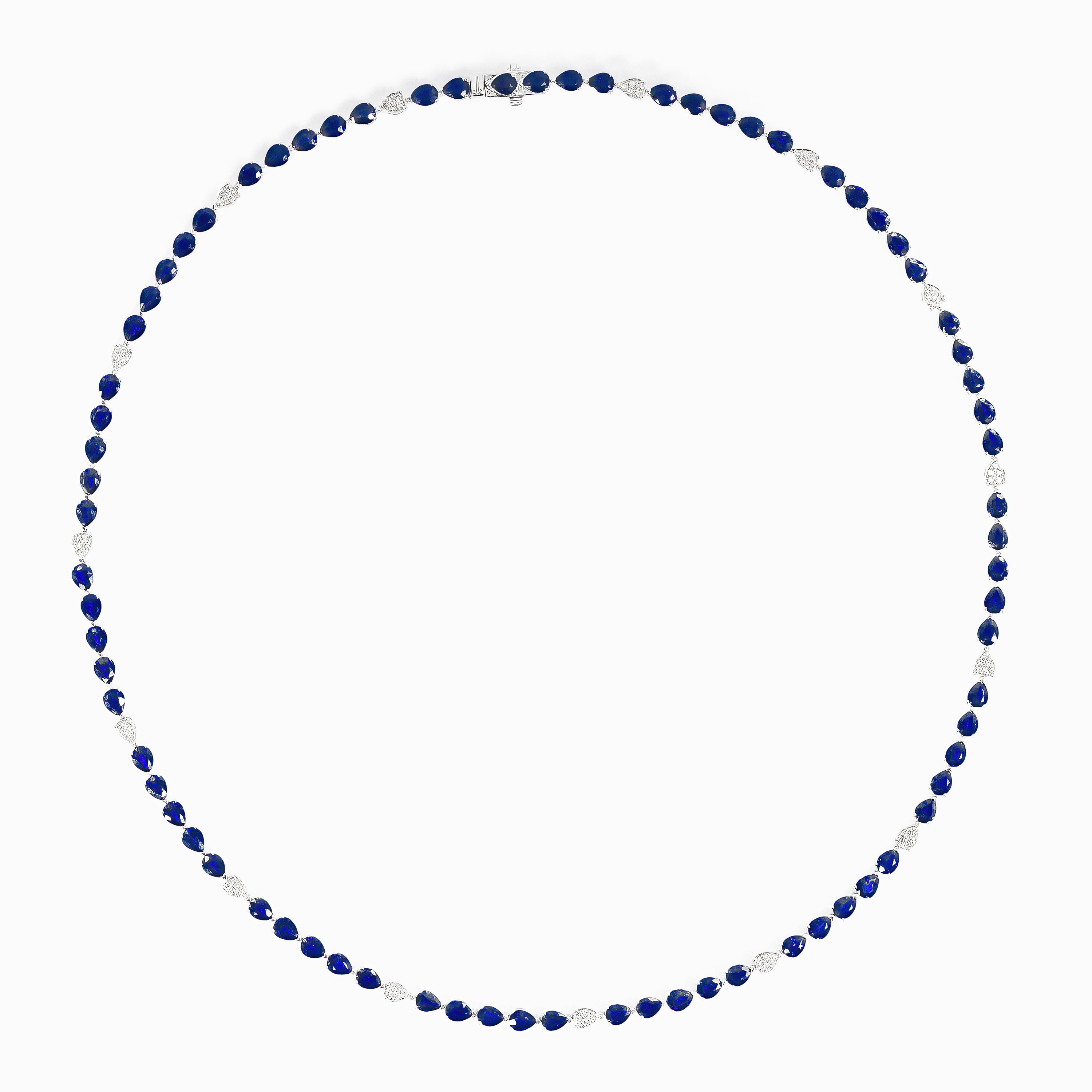 White Gold Band Link Necklace with Diamond, Sapphire Stones