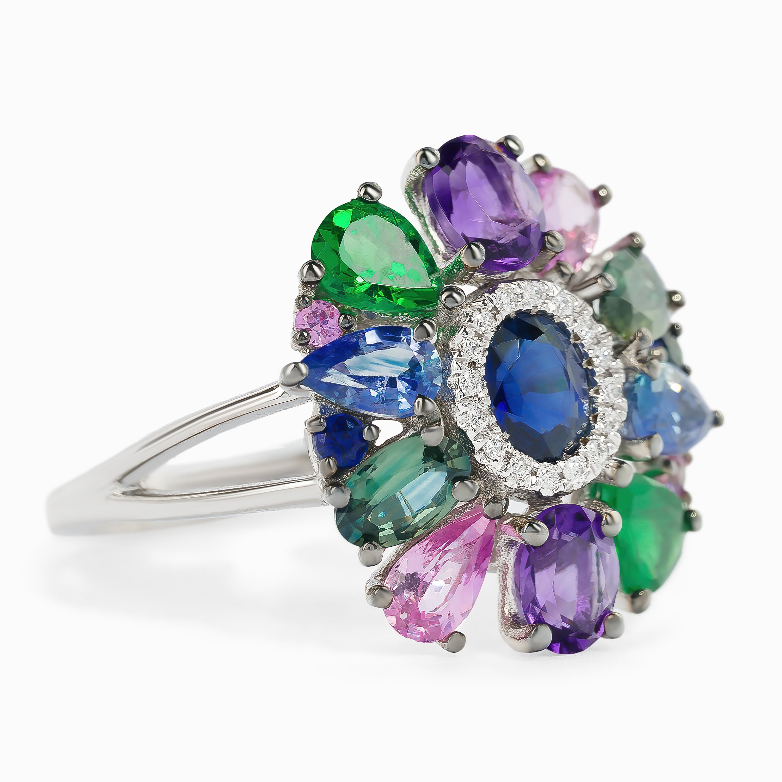 White Gold Ring with Diamond, Sapphire Stones