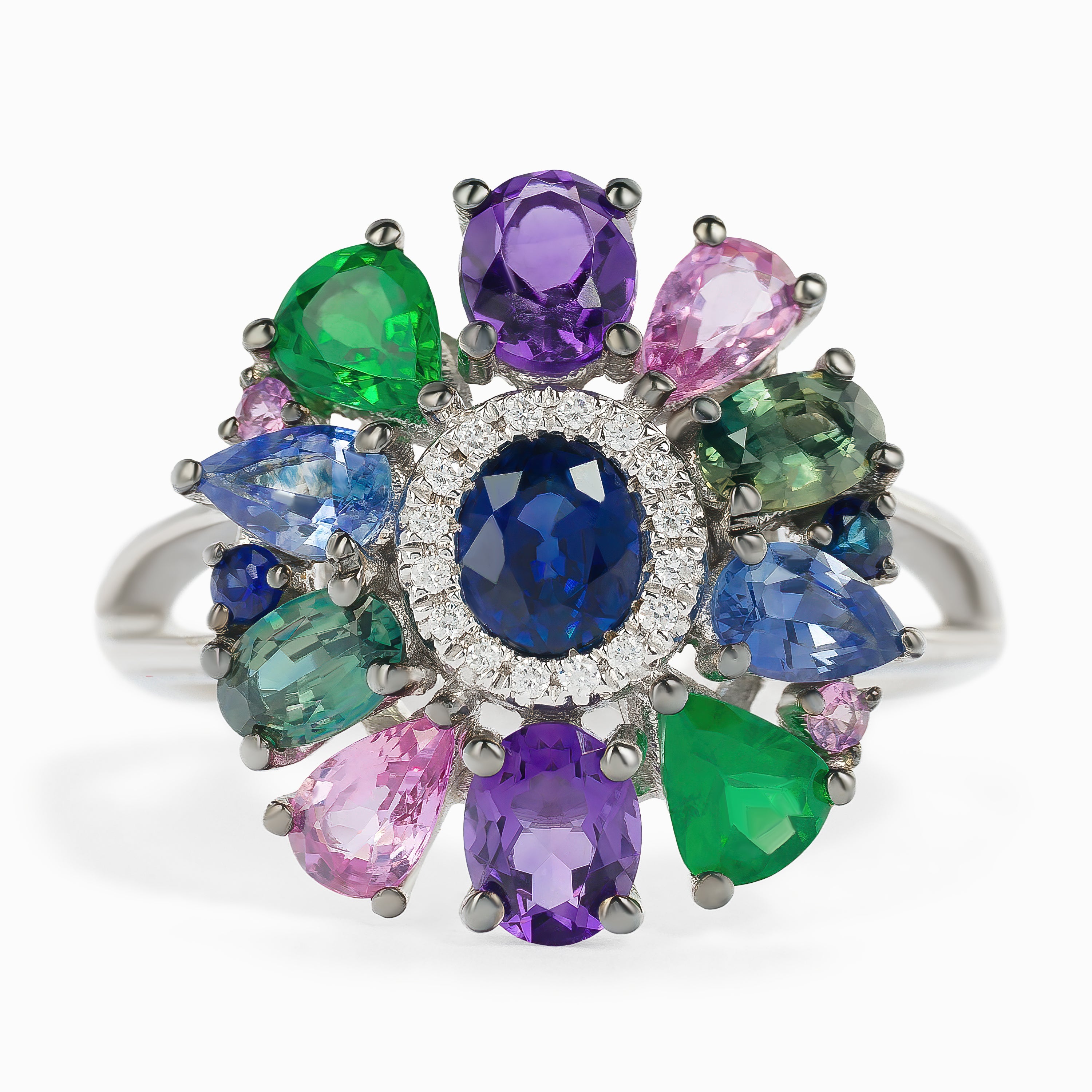 White Gold Ring with Diamond, Sapphire Stones