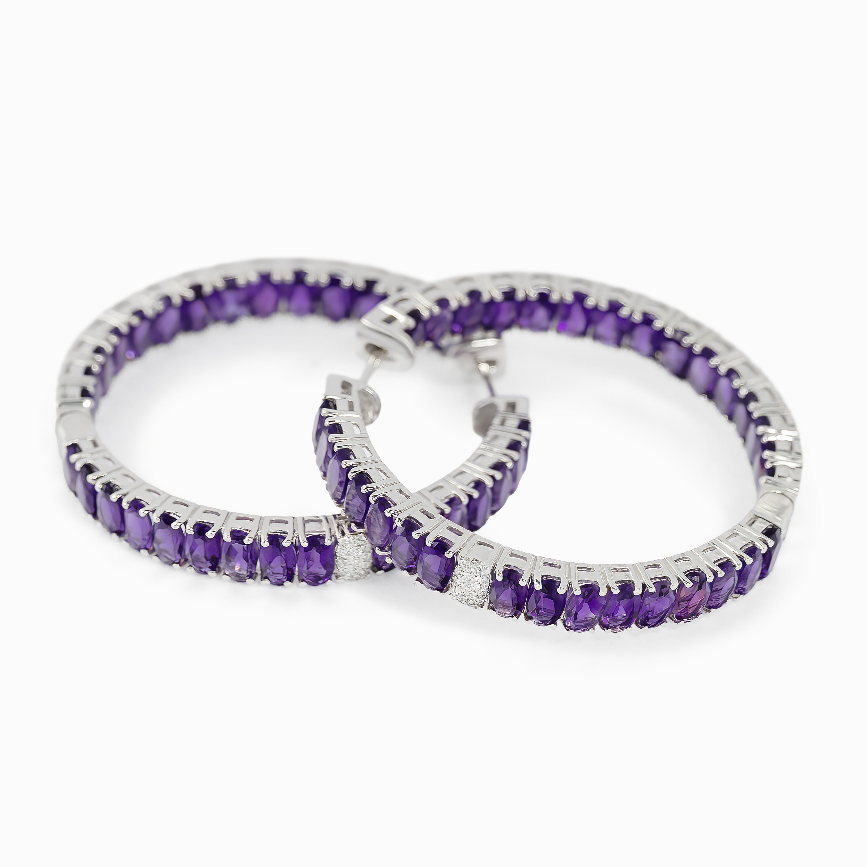 White Gold Hoop Earrings with Amethyst, Diamond Stones