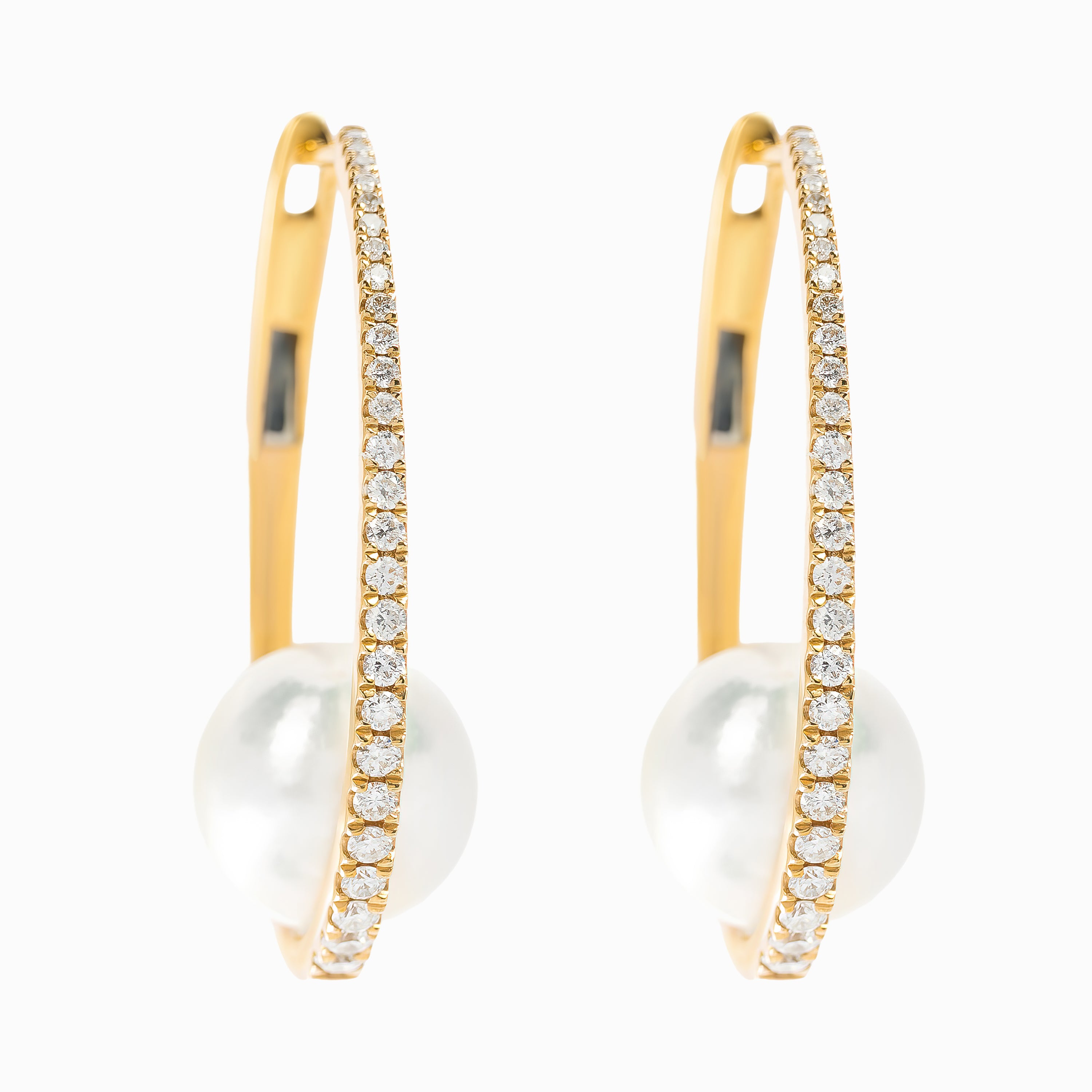 Yellow Gold Hoop Earrings with Diamond, Pearl Stones