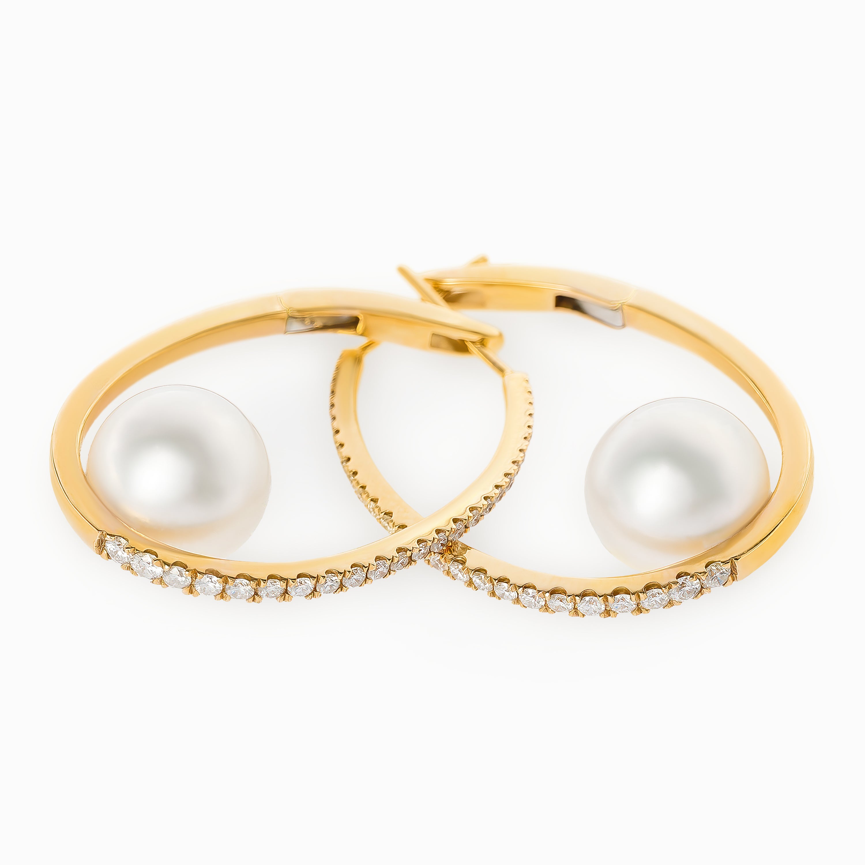 Yellow Gold Hoop Earrings with Diamond, Pearl Stones