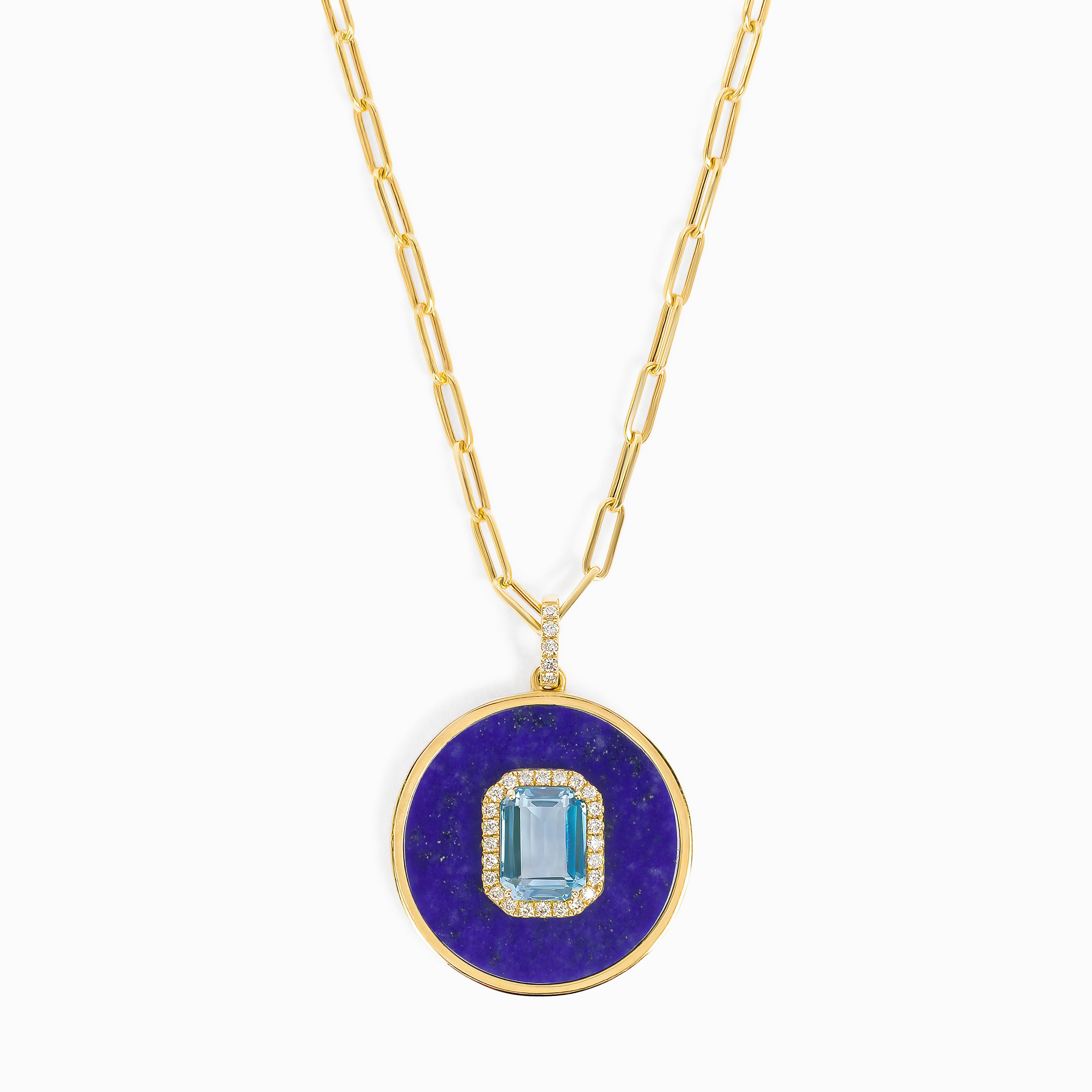 Yellow Gold Pendant Necklace with Diamond, Lapis, Topaz Stones