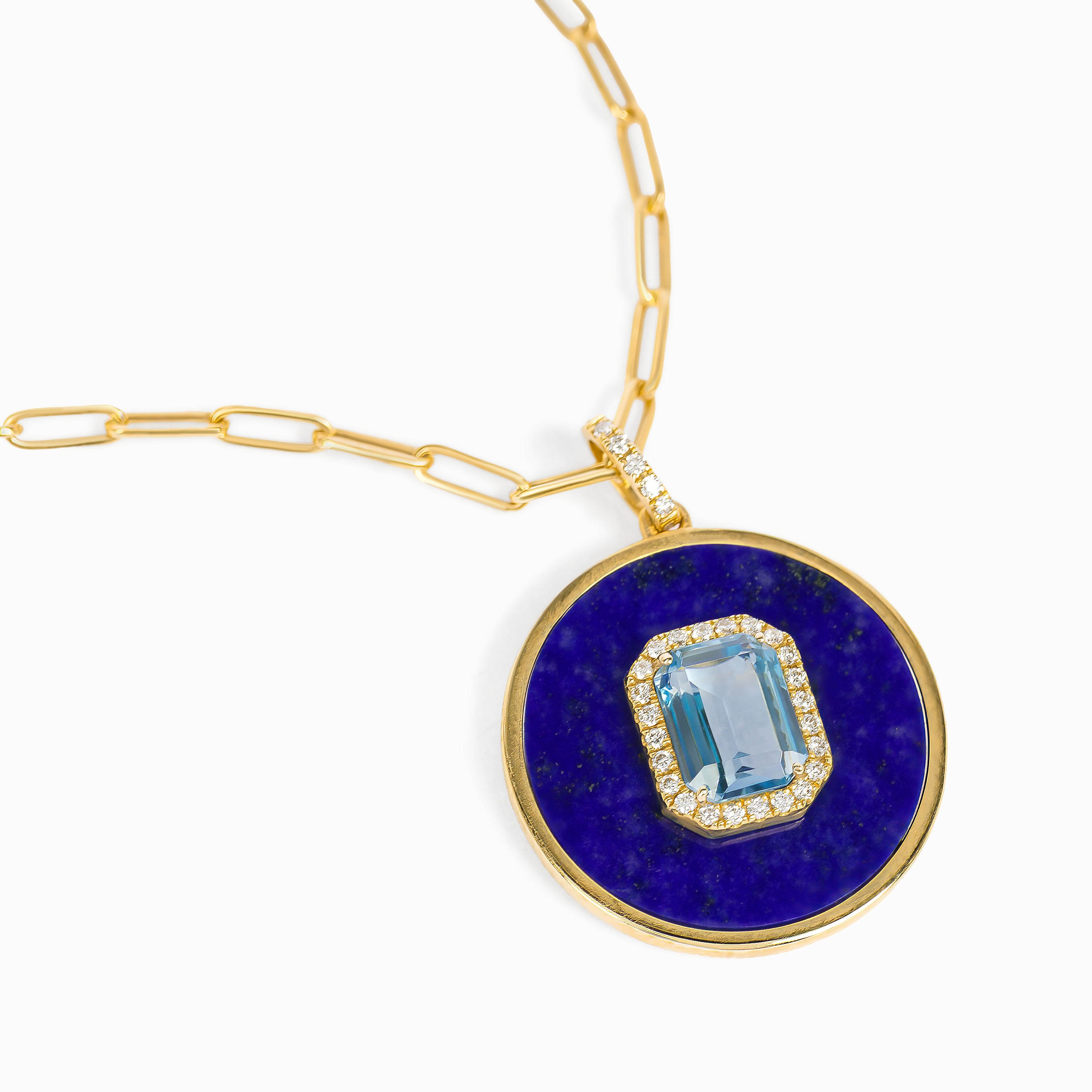 Yellow Gold Pendant Necklace with Diamond, Lapis, Topaz Stones