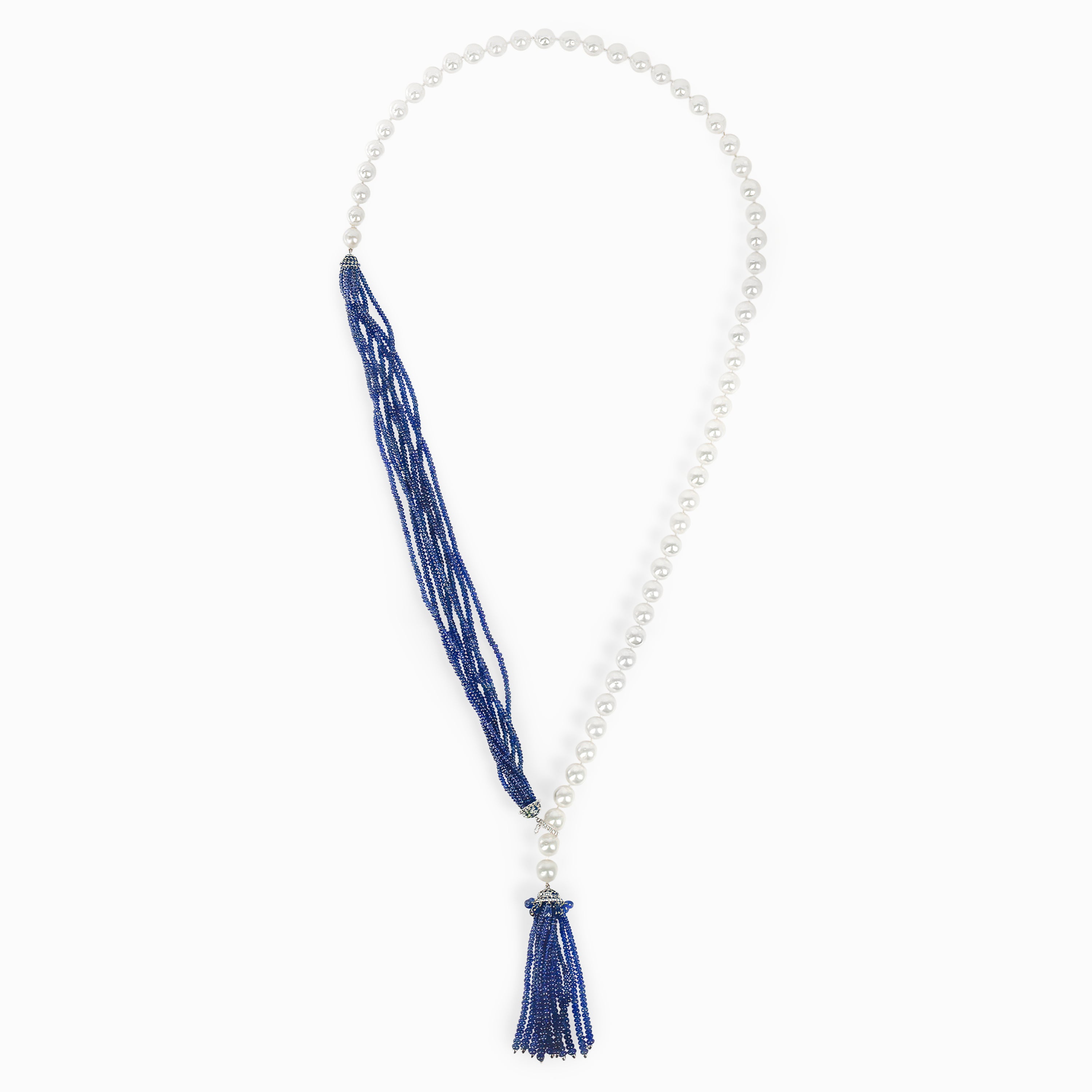 White Gold Y-Shape Bead Necklace with Pearl, Sapphire Stones