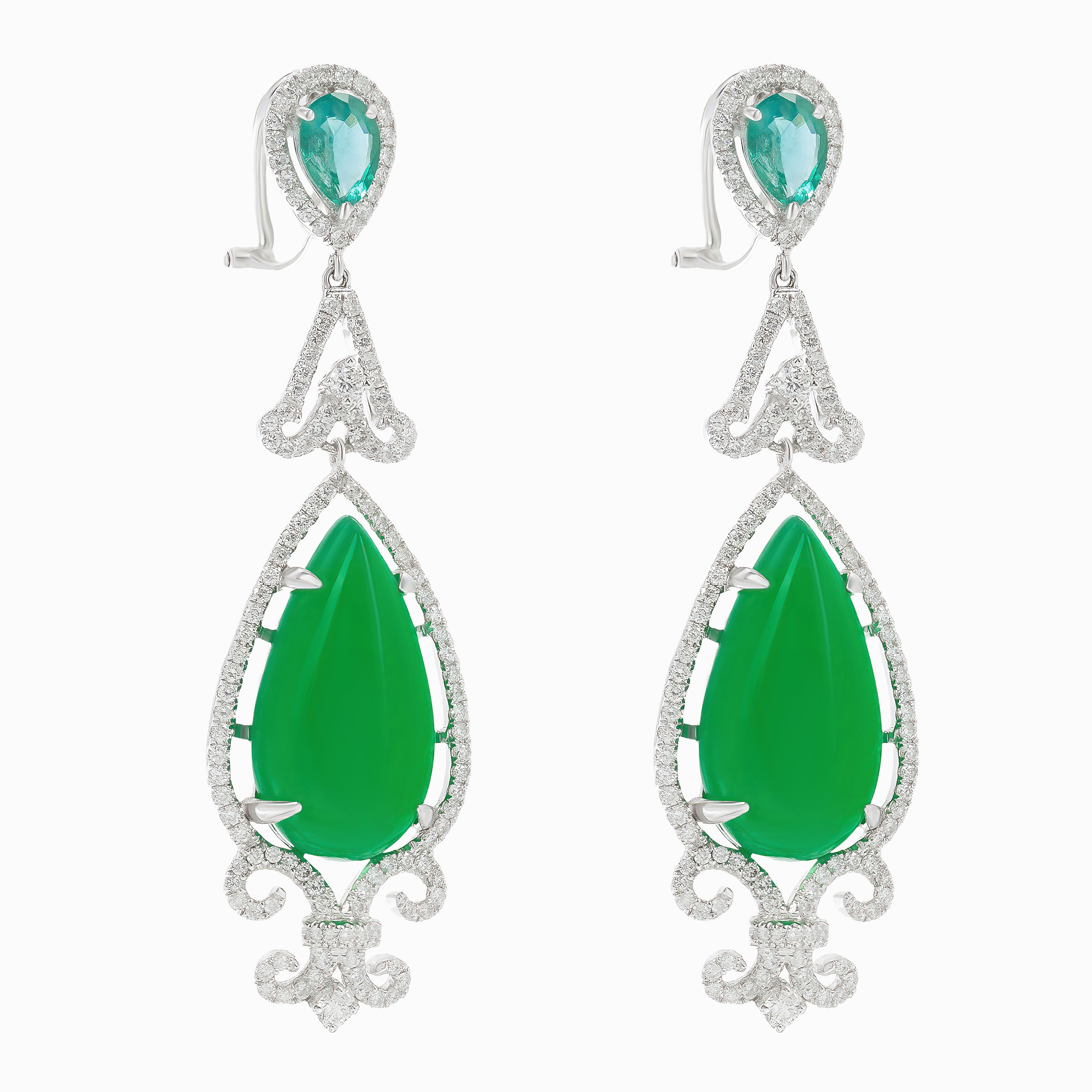 White Gold Drop Earrings with Diamond, Jade Stones