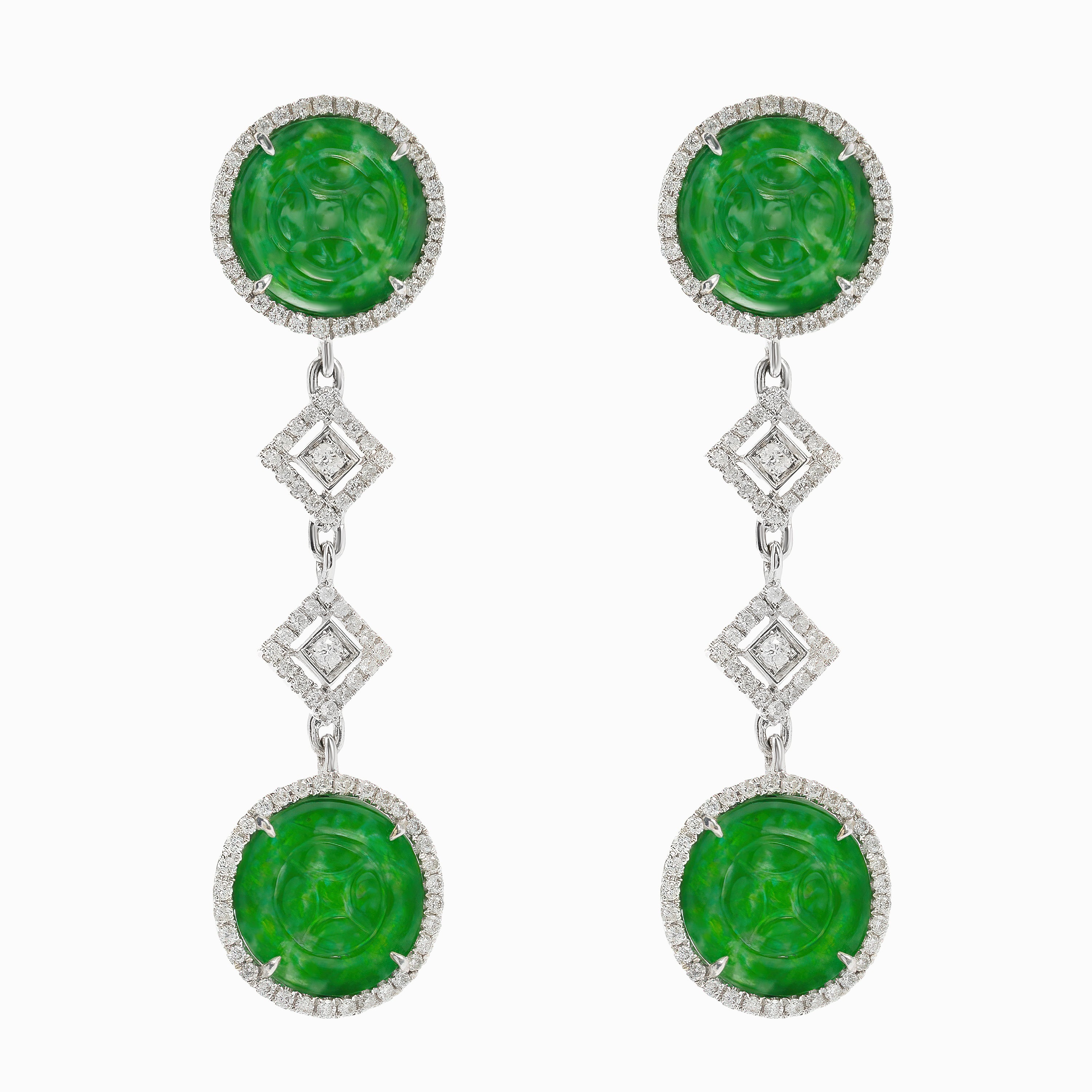 White Gold Drop Earrings with Diamond, Jade Stones