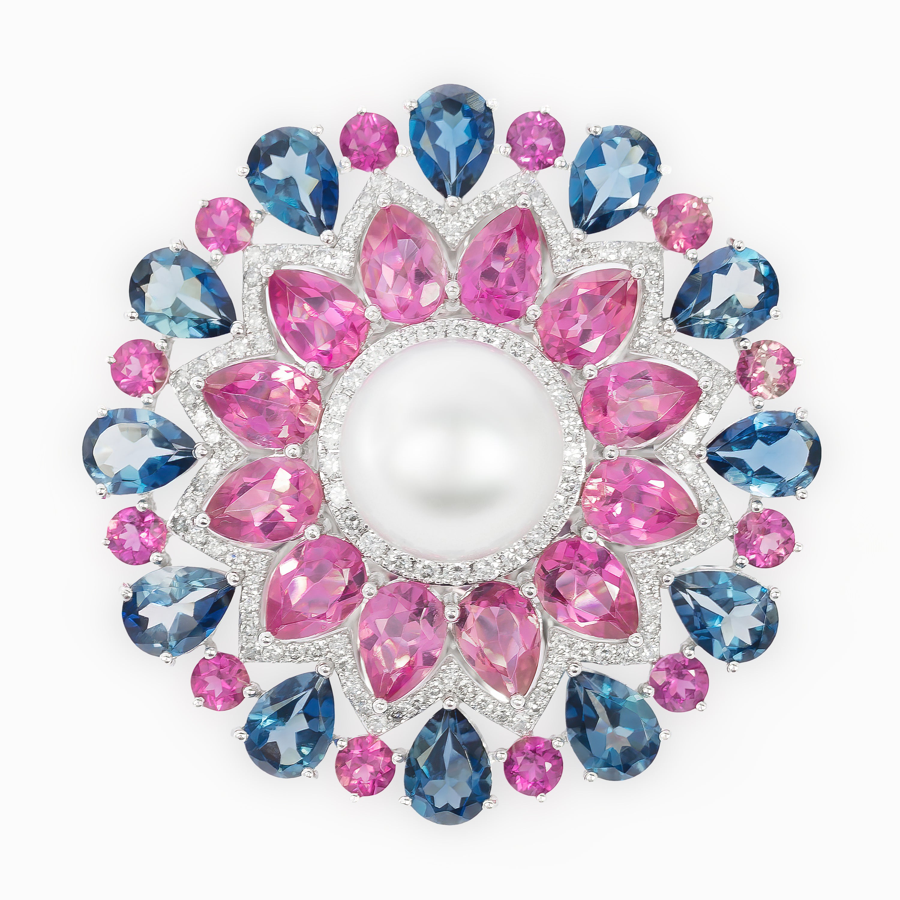 White Gold Gemstone Y-Shape Brooch with Diamond, Pearl, Topaz, Tourmaline Stones