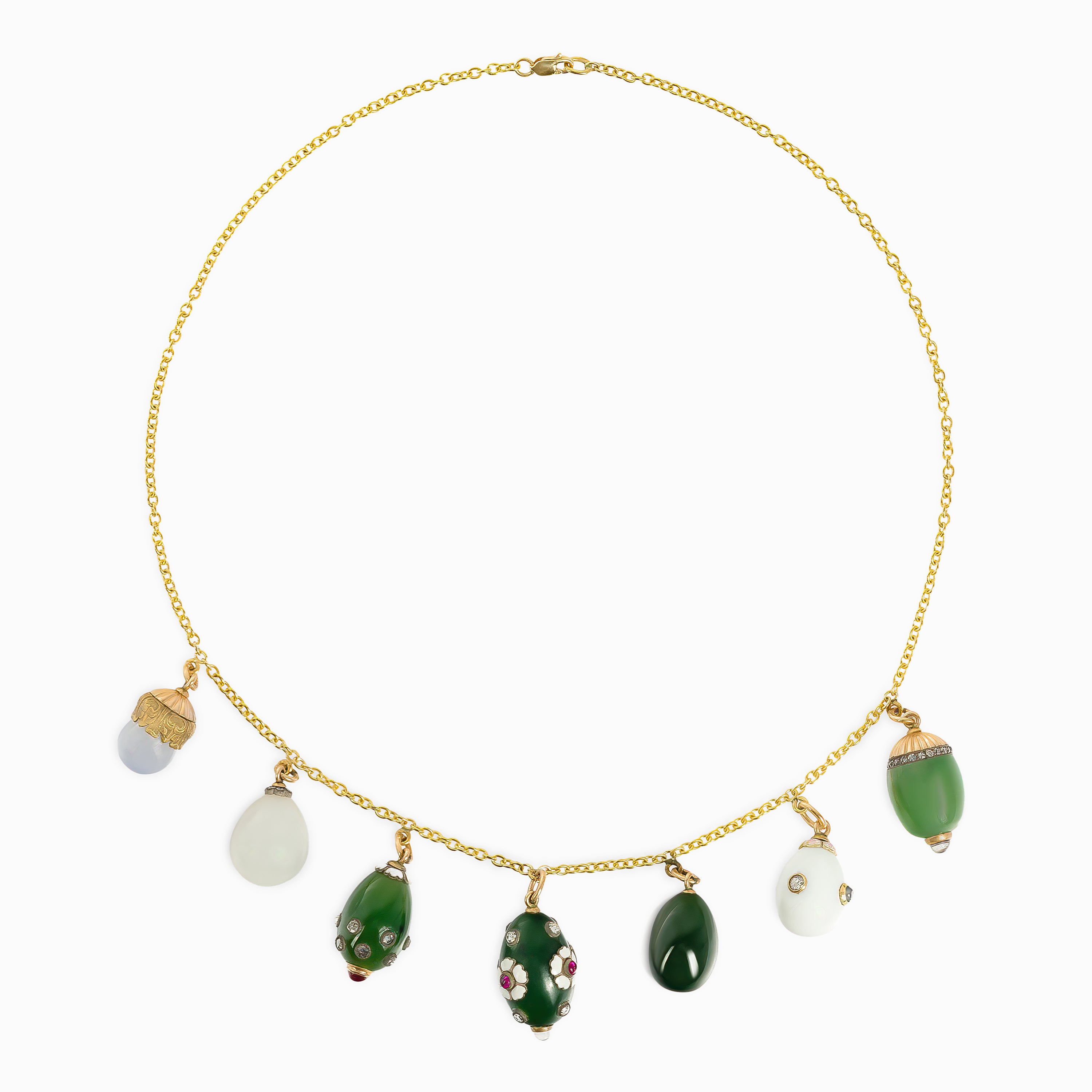 Yellow Gold Chain Pendant Necklace with Crystal, Diamond, Jade, Ruby, Sapphire, Enamel Stones
