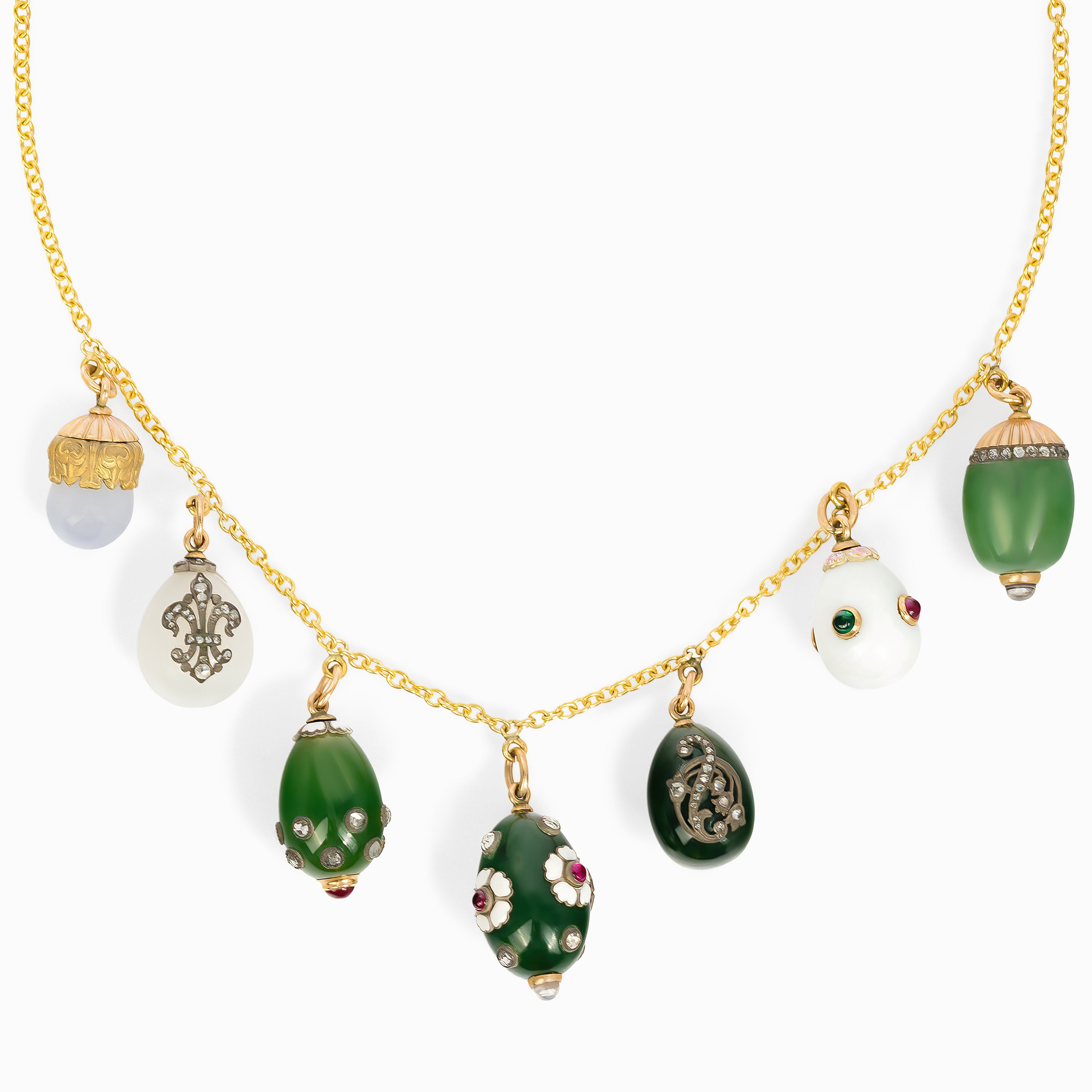Yellow Gold Chain Pendant Necklace with Crystal, Diamond, Jade, Ruby, Sapphire, Enamel Stones