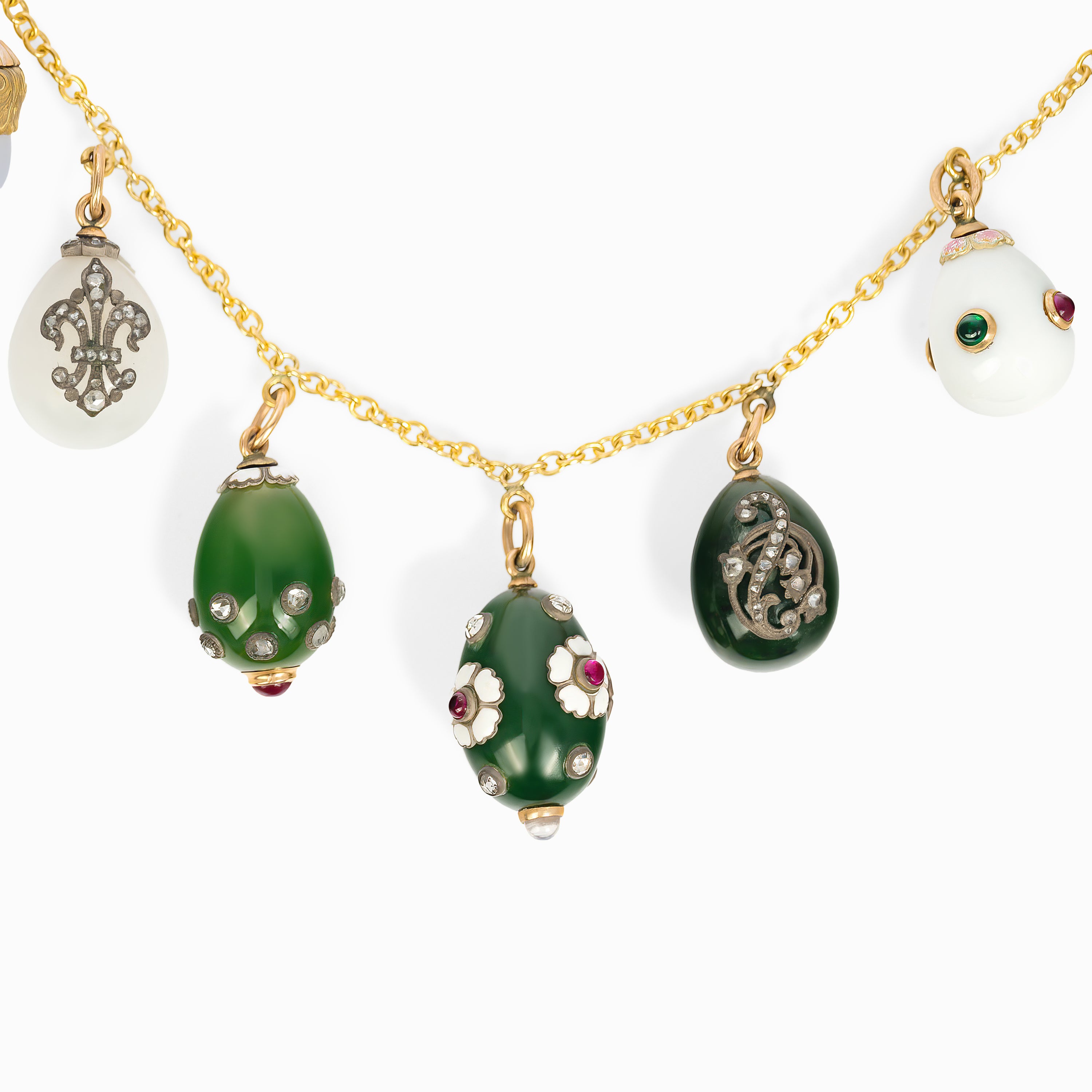 Yellow Gold Chain Pendant Necklace with Crystal, Diamond, Jade, Ruby, Sapphire, Enamel Stones