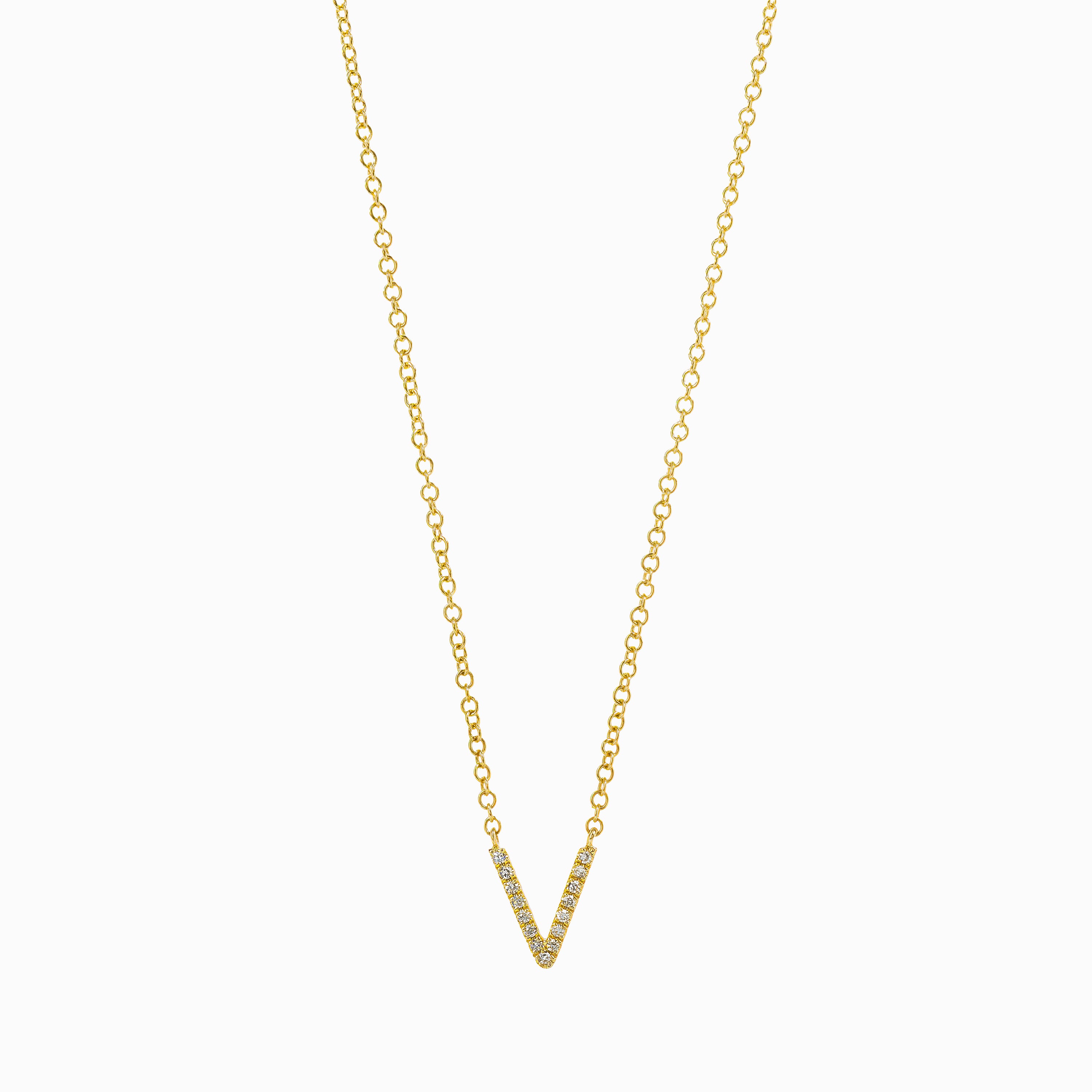 Letter V Yellow Gold Chain Pendant Initial Necklace with Diamond Only Stones