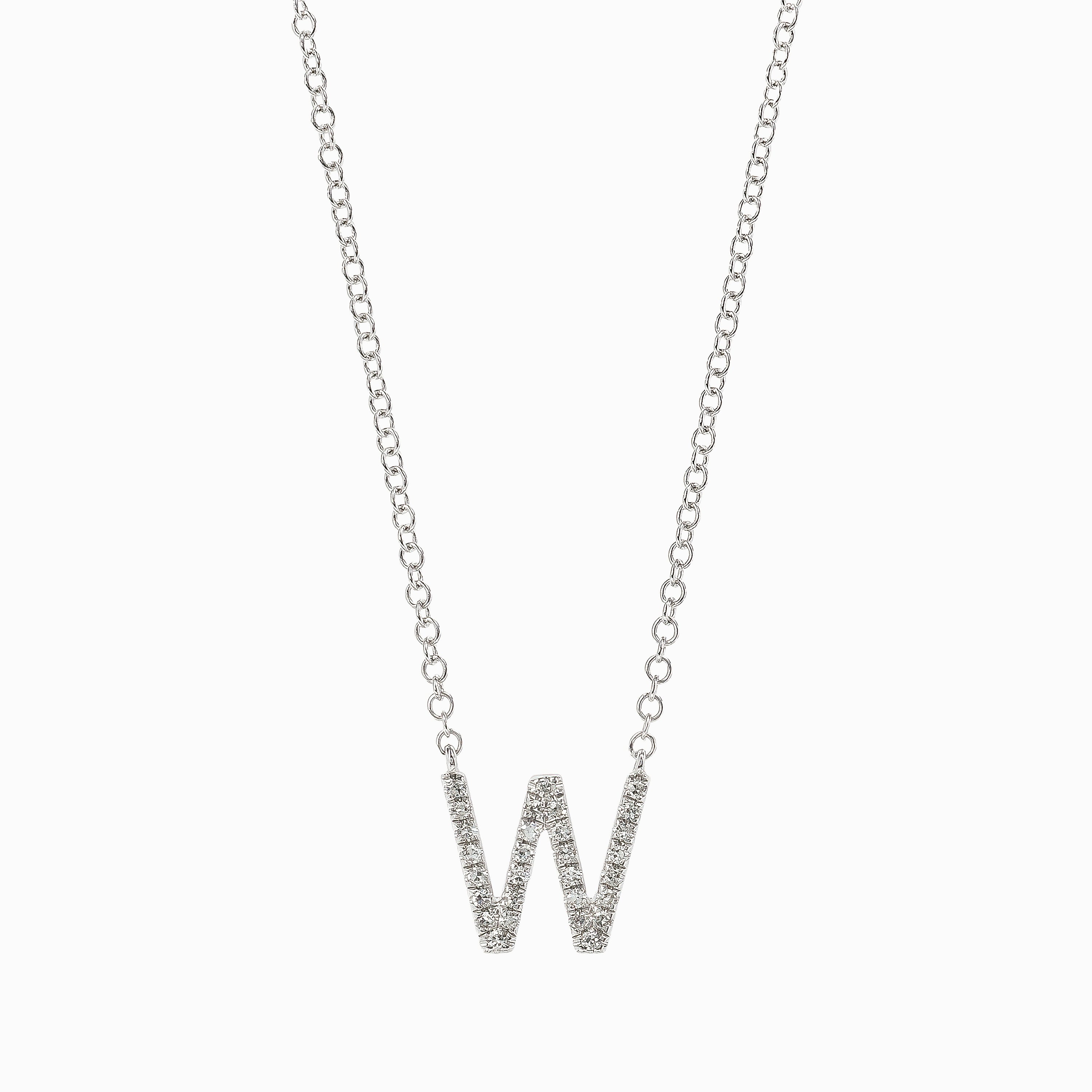 Letter W White Gold Pendant Initial Necklace with Diamond Only Stones