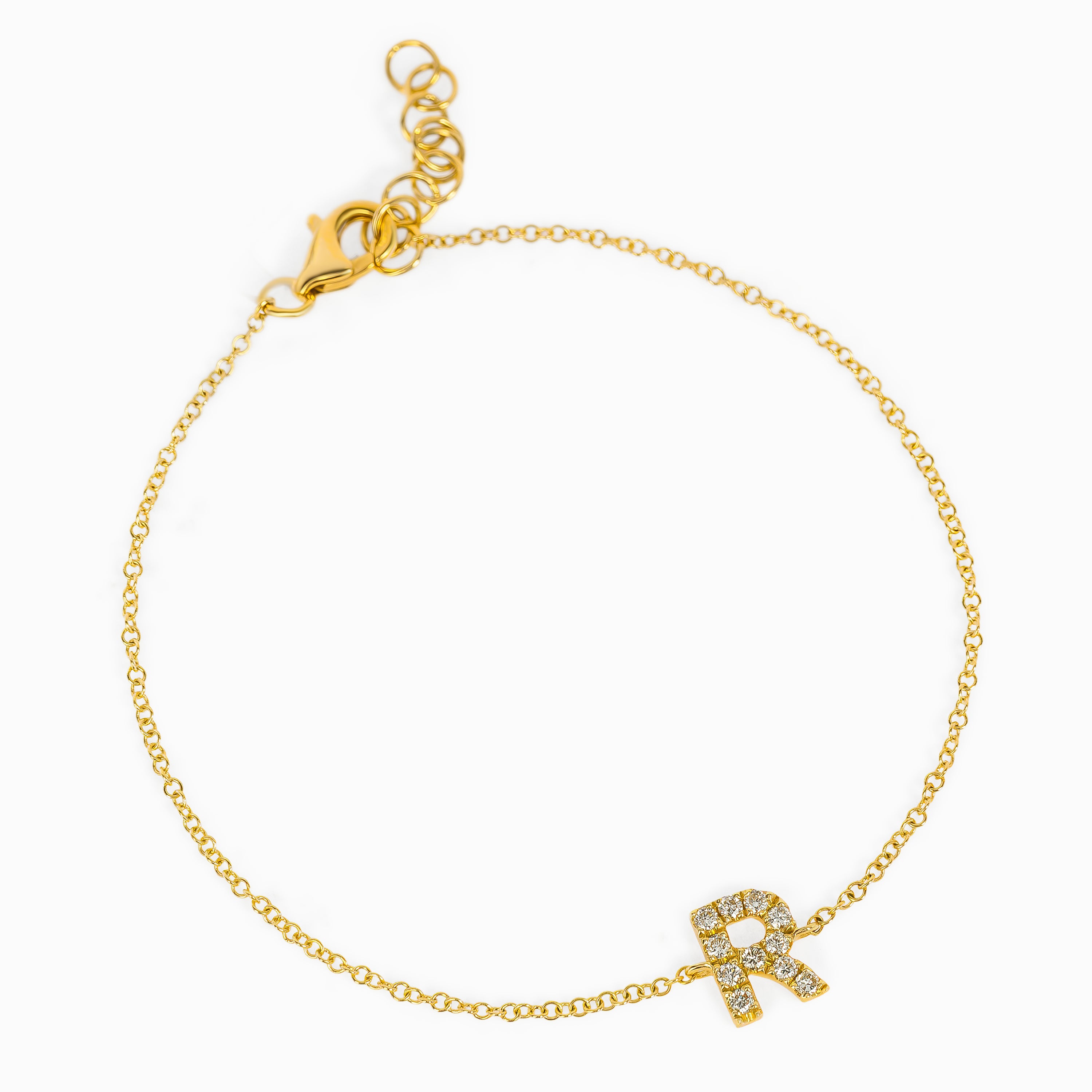 Letter R Yellow Gold Chain Initial Bracelet with Diamond Only Stones