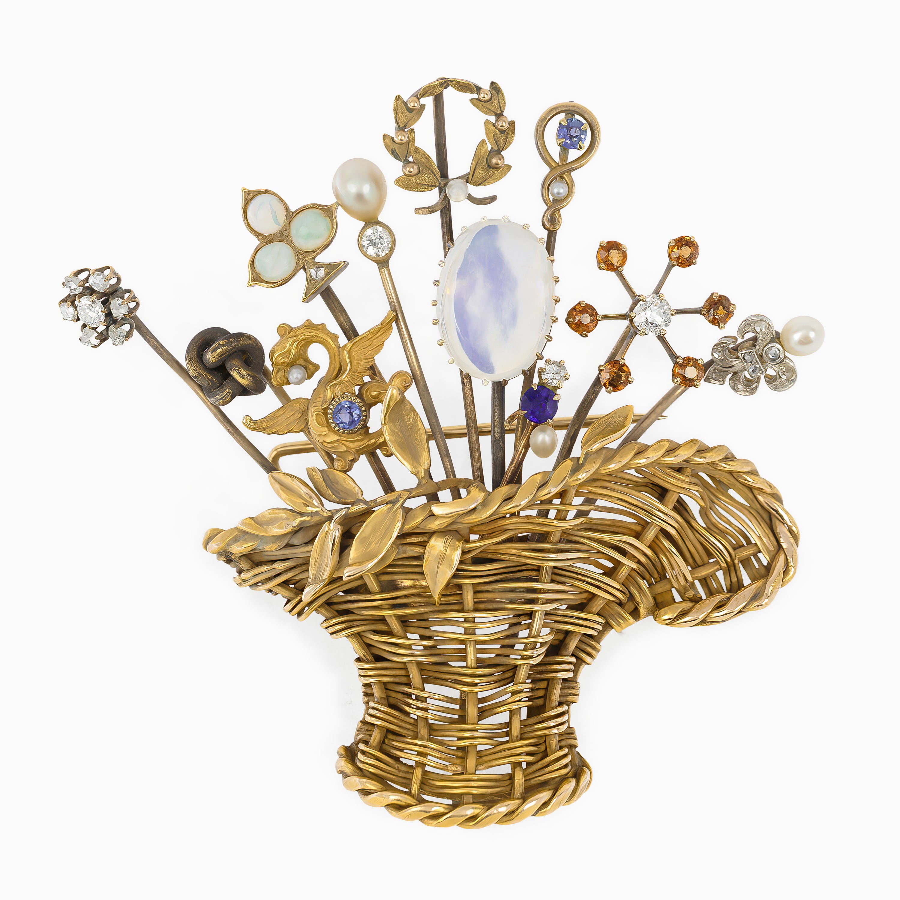 Yellow Gold Brooch with Amethyst, Opal, Pearl, Sapphire Stones